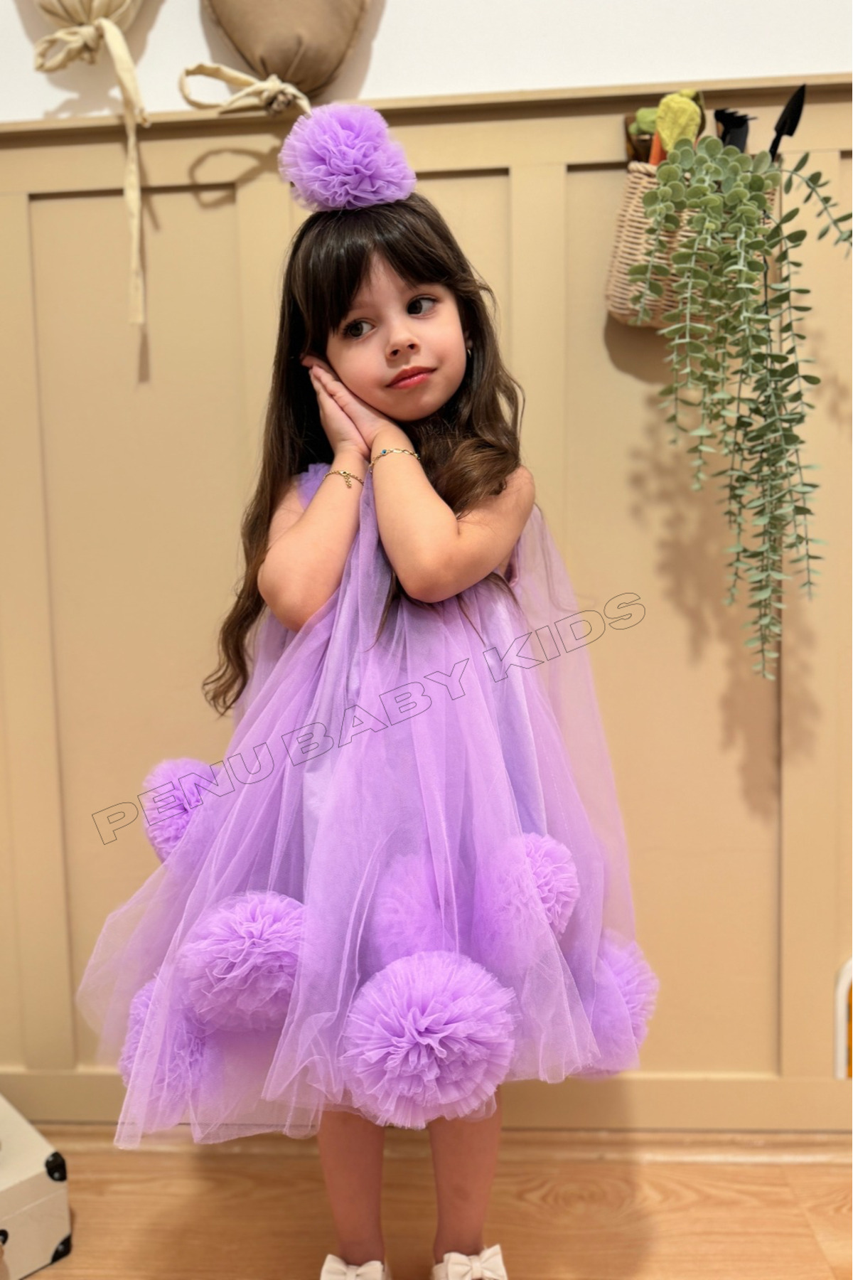penu baby kids Lila Kolsuz Etek Ucu Ponponlu Ve Ponpon Taçlı Kız Bebek & Kız Çocuk Elbise - Lara fotoğrafı 5 (önizleme)