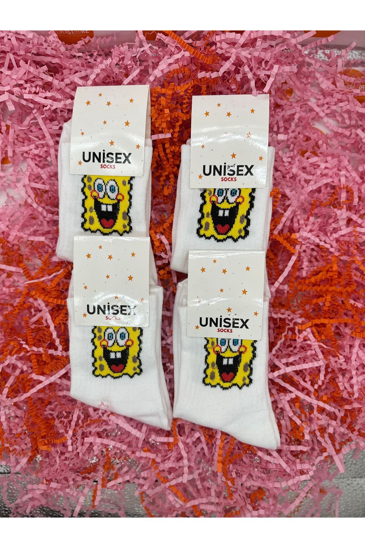 MGEStore 4'lü Unisex Kolej Çorap Sünger Bob Desenli Beyaz Uzun Çorap Çizgili