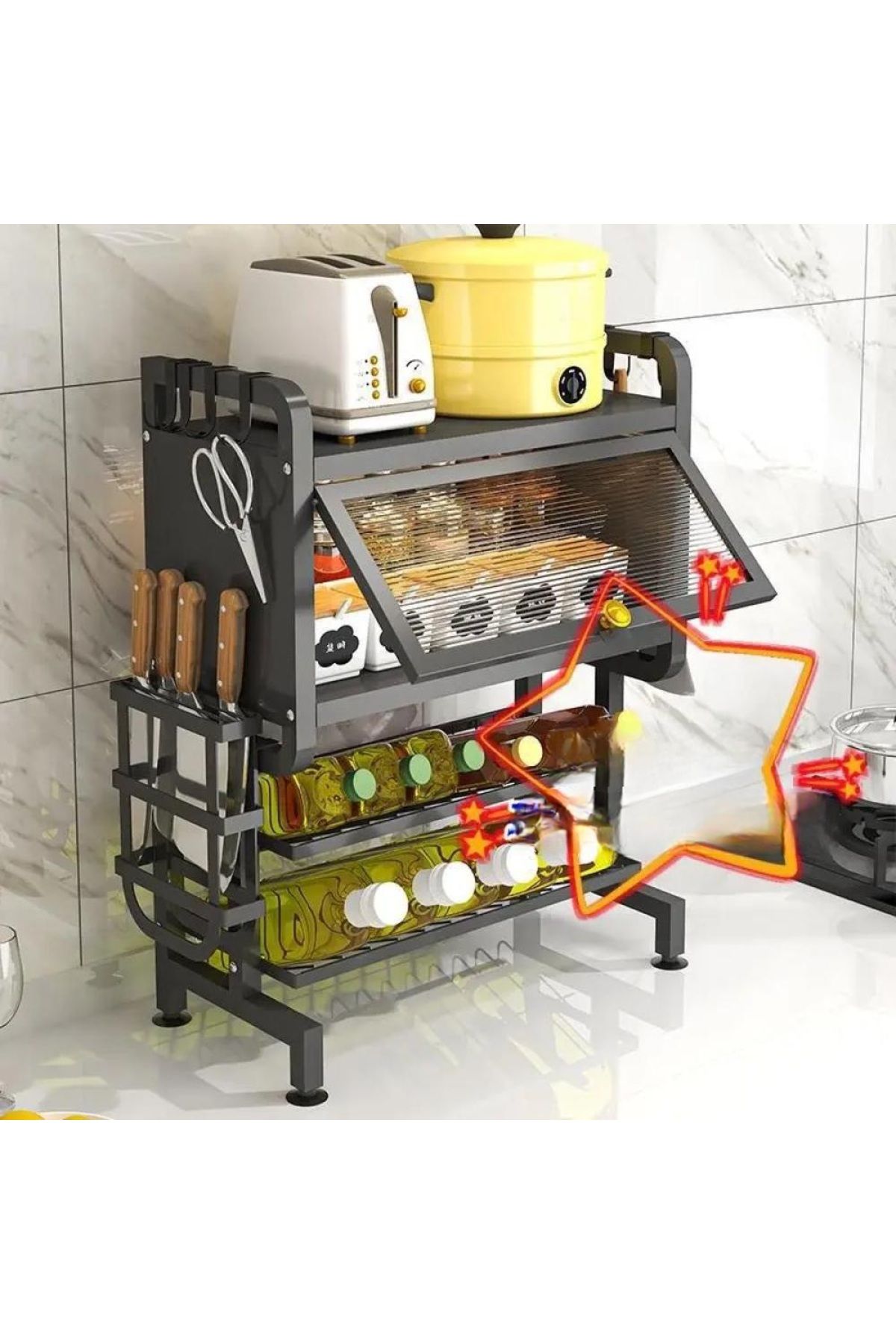 Un-Multi-level kitchen storage with tool holder and shelves for storing oils and spices, black 4