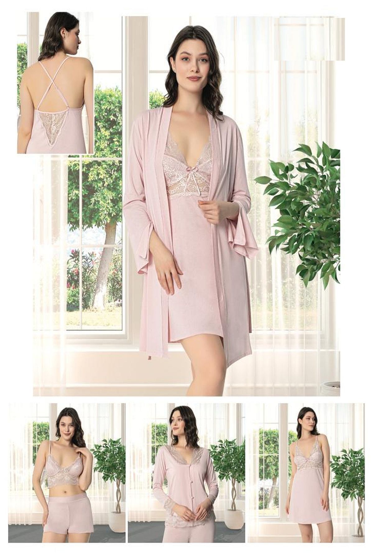 mdm style 9620 Kadın Çeyizlik Dantelli Penye 6'lı Set -pudra