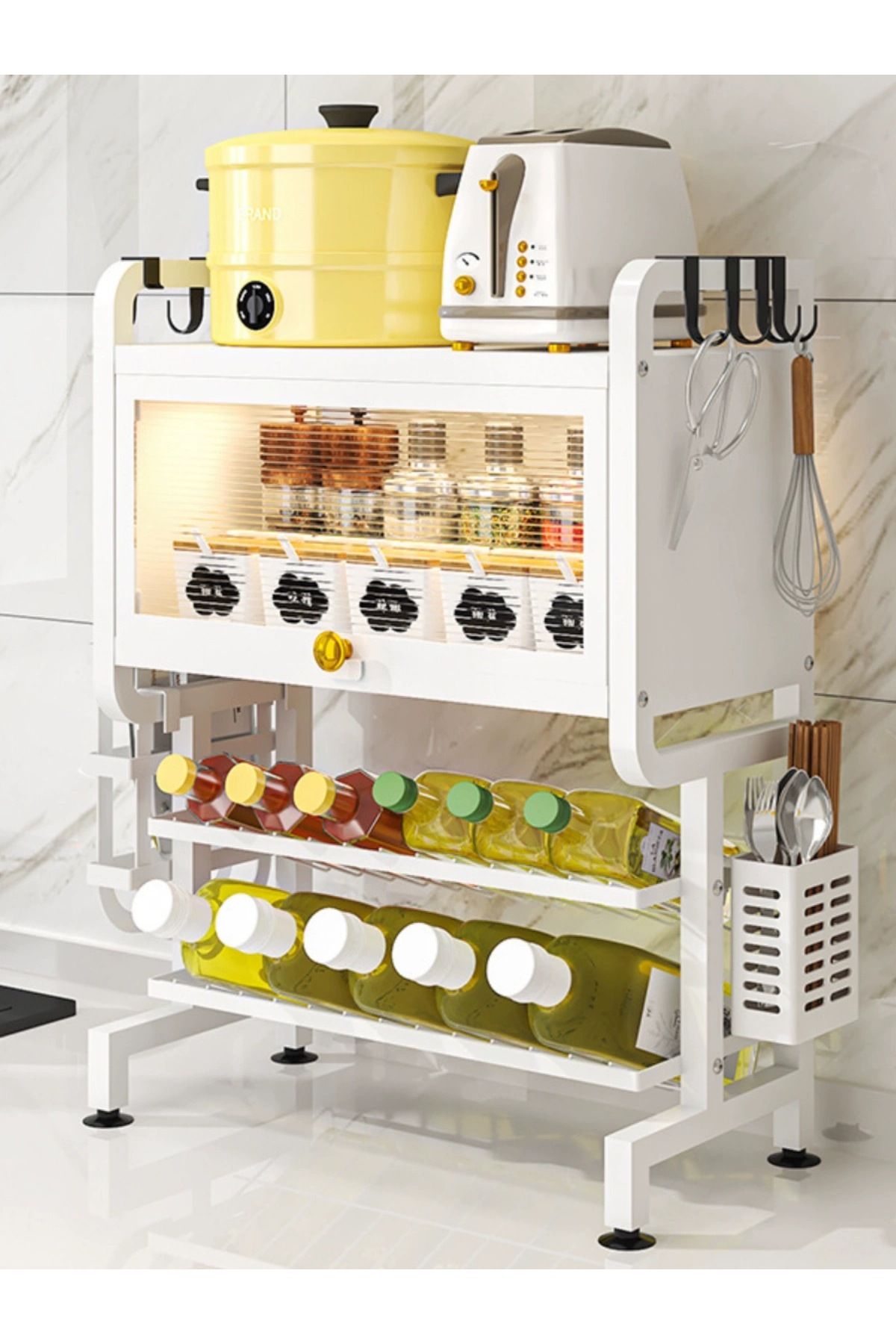 Un-Multi-level kitchen storage rack with tool holder and shelves for storing oils and spices, white 2