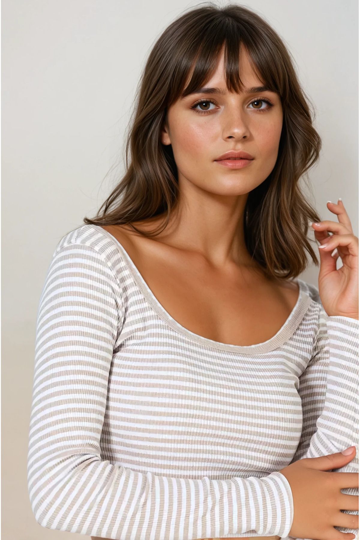 MAYELN Trend Çizgili Kaşkorse Kare Yaka Crop Bluz