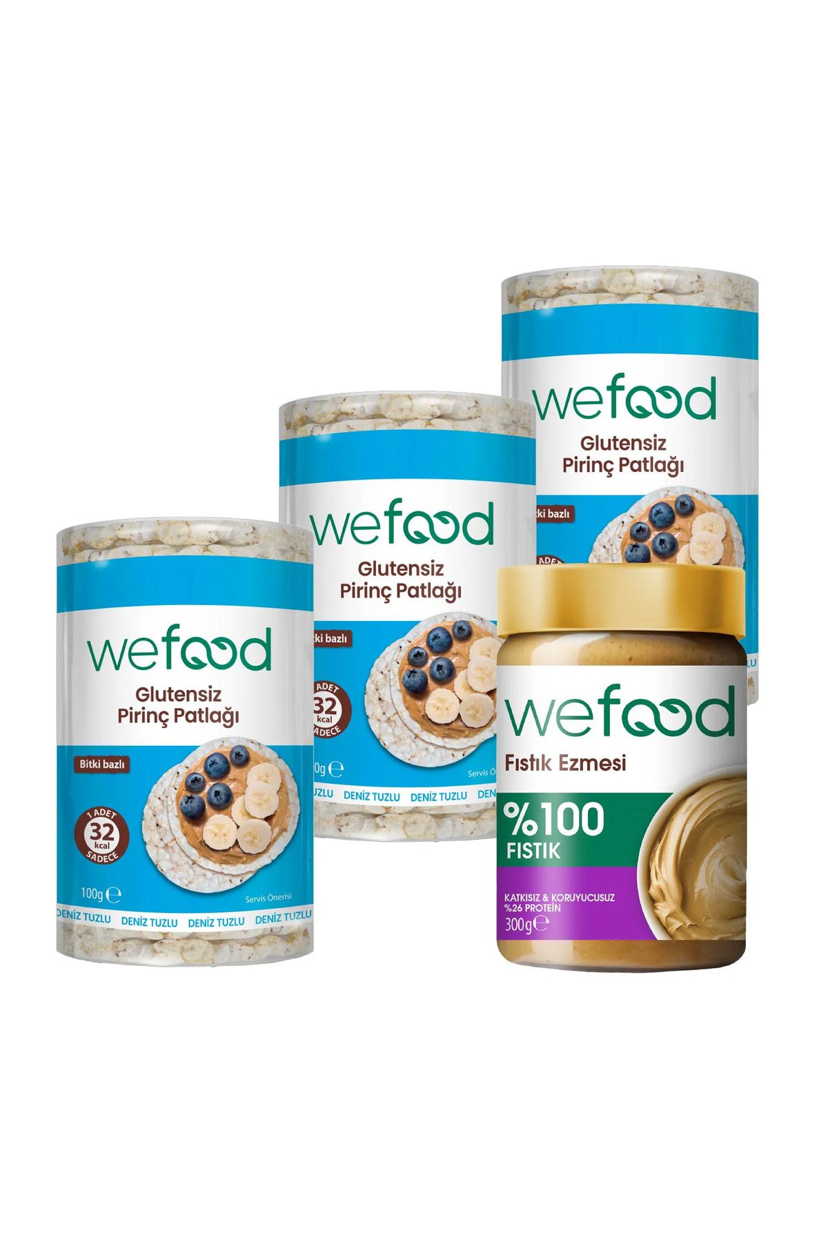 Wefood %100 Fıstık Ezmesi 300 gr + Wefood Glutensiz Pirinç Patlağı 100 gr 3'lü