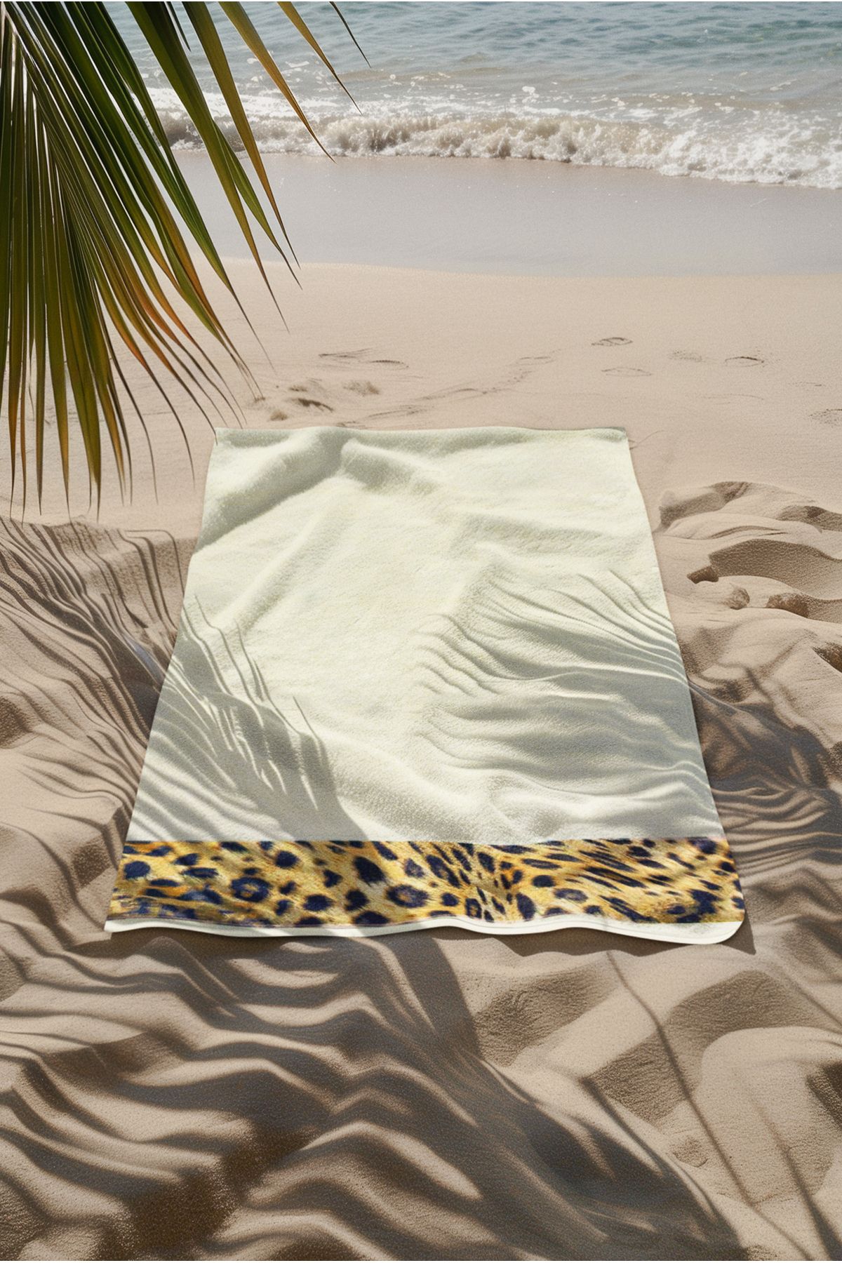 Ellaline Leopar Plaj Havlusu %100 Pamuk Sertifikalı Deniz & Havuz Havlu Krem 70x140cm