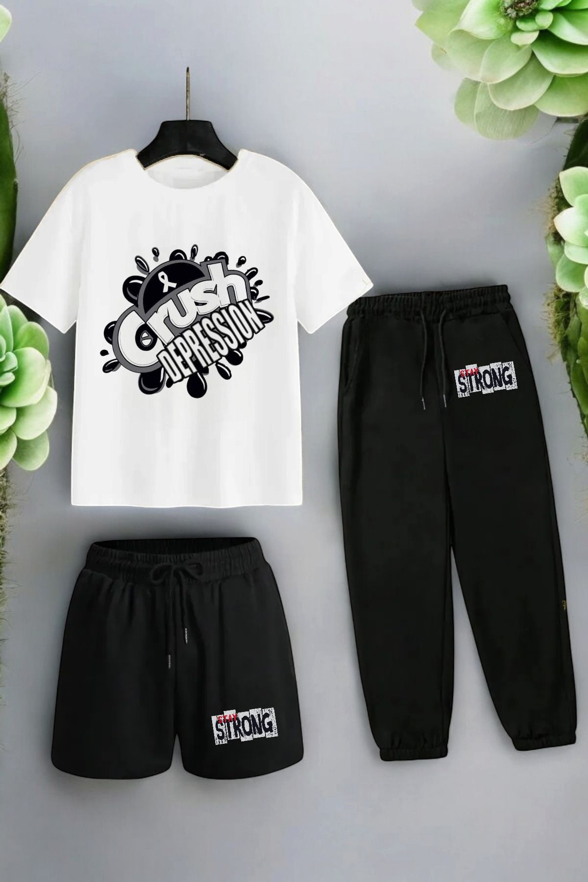 ELNOYA Unisex Siyah Oversize "CRUSH DPRESSTONS" Baskılı Rahat Günlük T-shirt-Eşofman