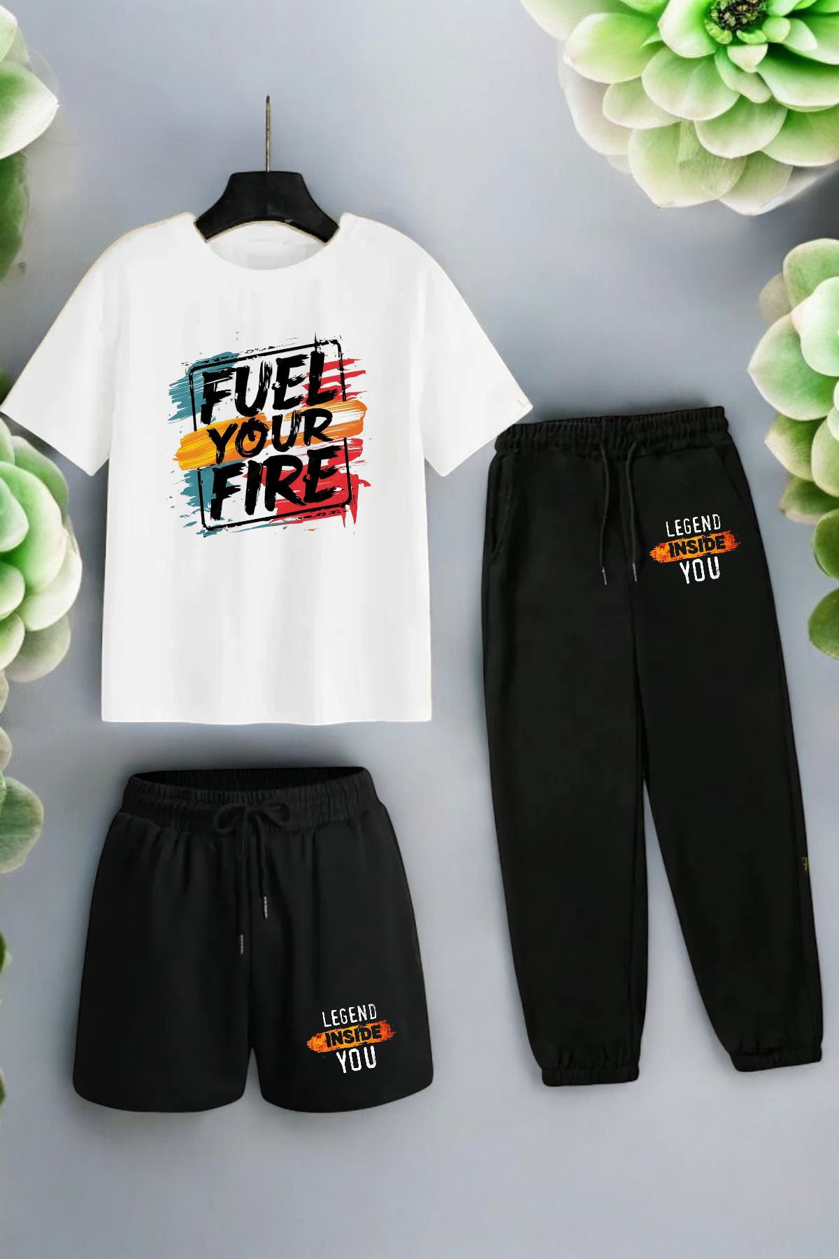 ELNOYA Unisex Siyah Oversize "FUEL YOUR FIRE" Baskılı Rahat Günlük T-shirt-Eşofman