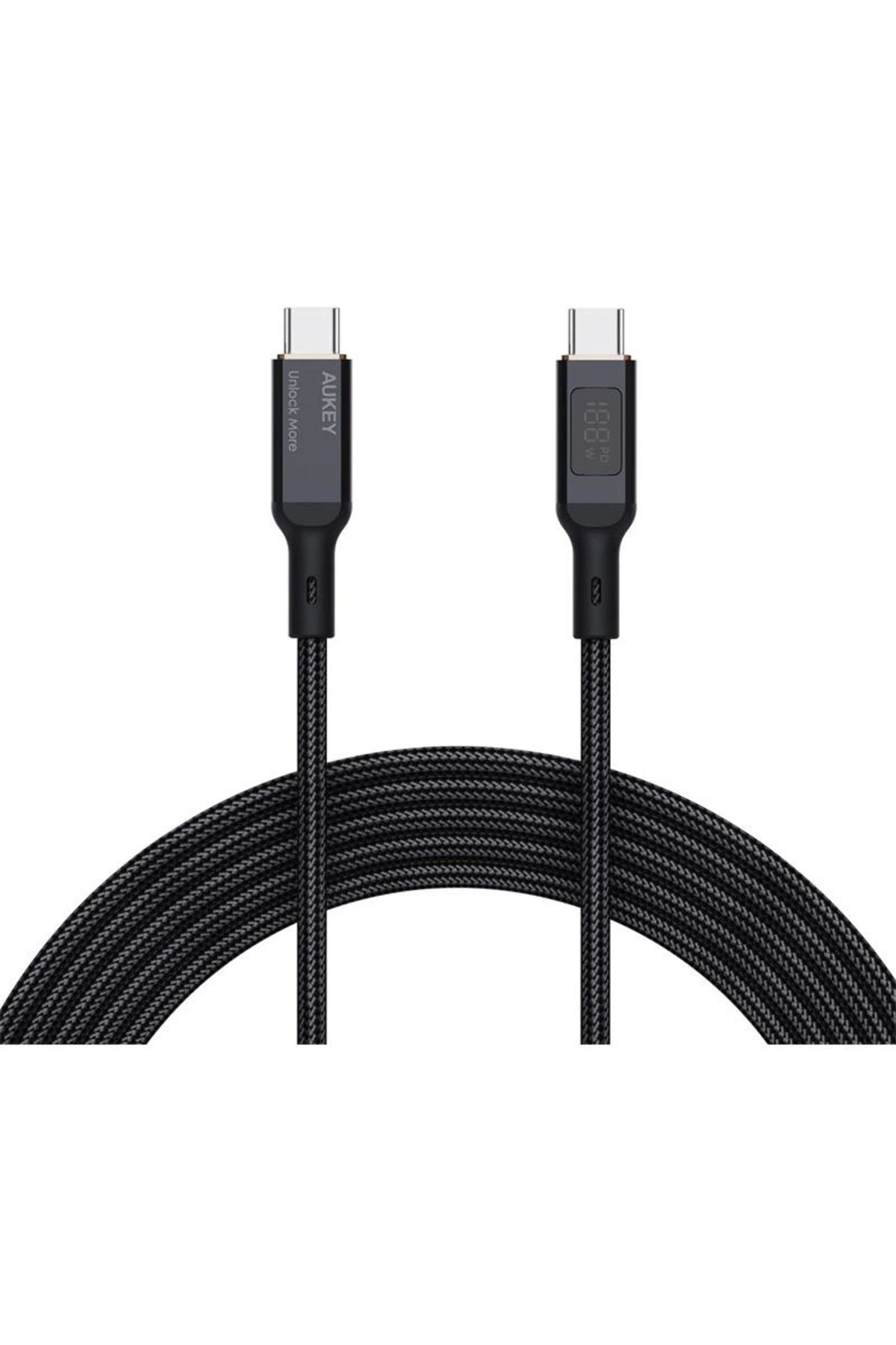 ShopNova AUKEY CB-MCC102-BK 100W NAYLON ÖRGÜLÜ 5A 480MBPS TYPE-C TYPE-C LCD EKRANLI KABLO 1.8MT