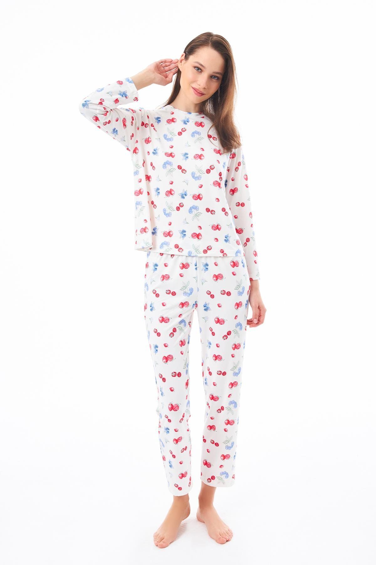 Cottonhill Premium Yazlık Kadın Pijama Takımı Meyve Desenli Yumuşak Dokulu Bisiklet Yaka Uzun Kollu