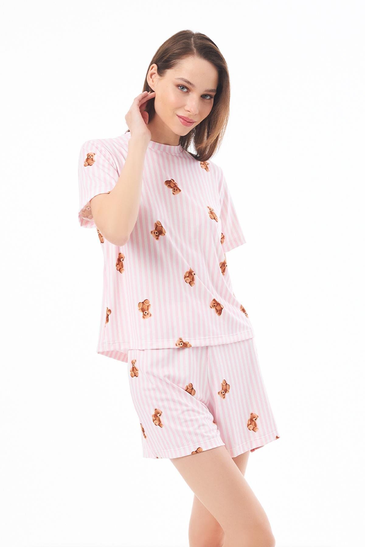Cottonhill Premium Şortlu Kadın Pijama Takımı Krem Ayıcık Desenli Yumuşak Dokulu Bisiklet Yaka Kısa Kollu