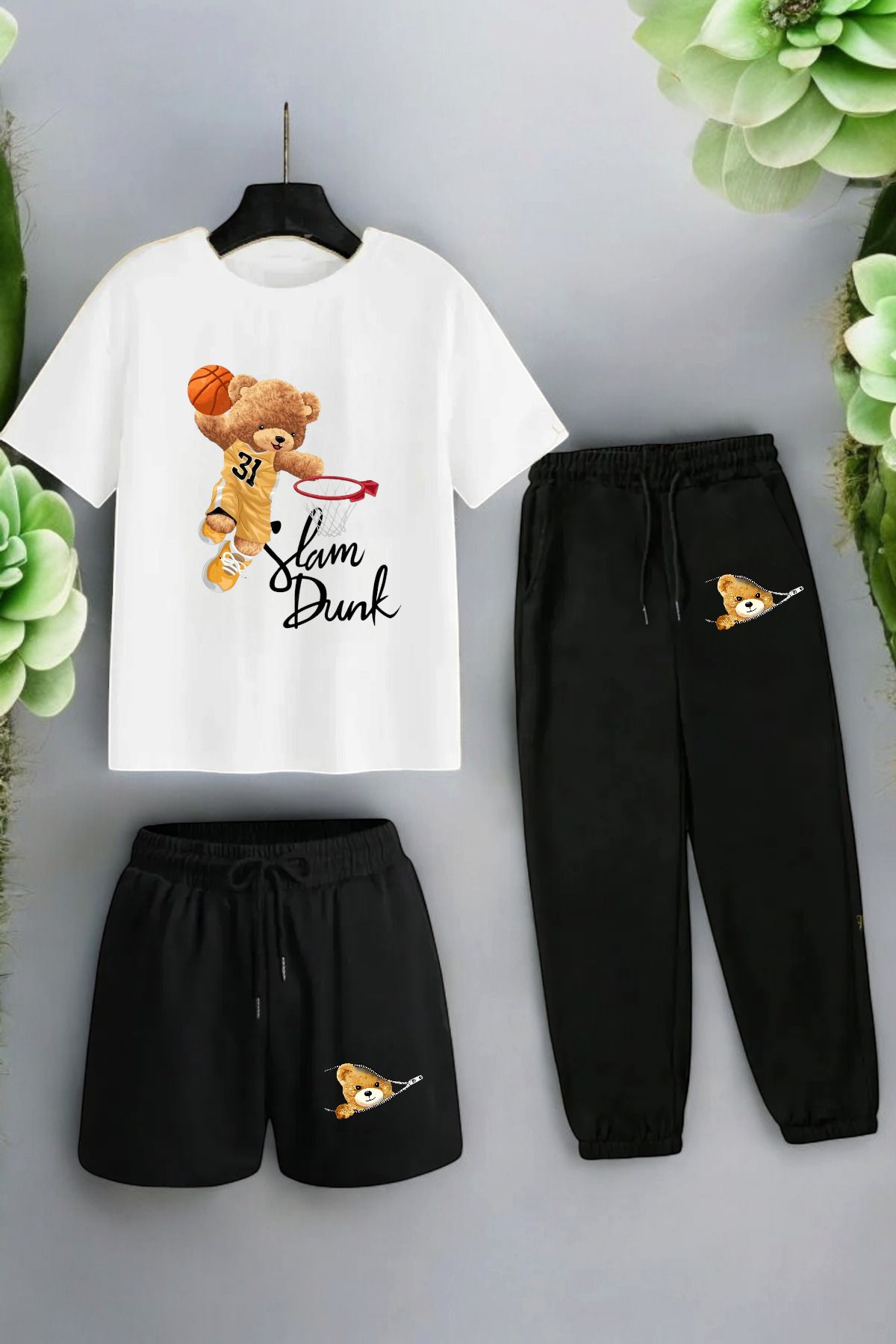 ELNOYA Unisex Siyah Oversize "Stam Dunk" Baskılı Rahat Günlük T-shirt-Eşofman