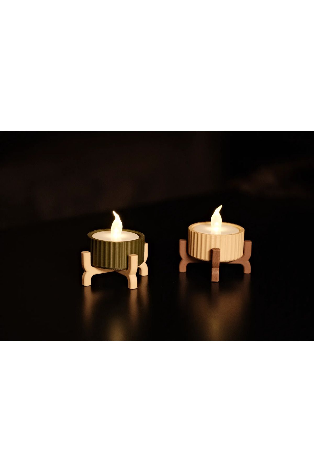 poptoons Mini Ayaklı Dekoratif LED Mumluk 2'li Set – Bej & Koyu Yeşil – Pilli Tealight Mum Dahil
