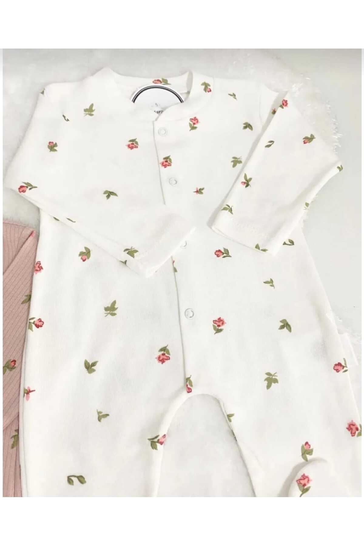 Amur Organik Kız Bebek Çiçek desenli 2li Tulum Takımı Yenidoğan kıyafet 1-3-6 ay 2'li Pamuklu 2 Parça Çi fotoğrafı 2 (önizleme)