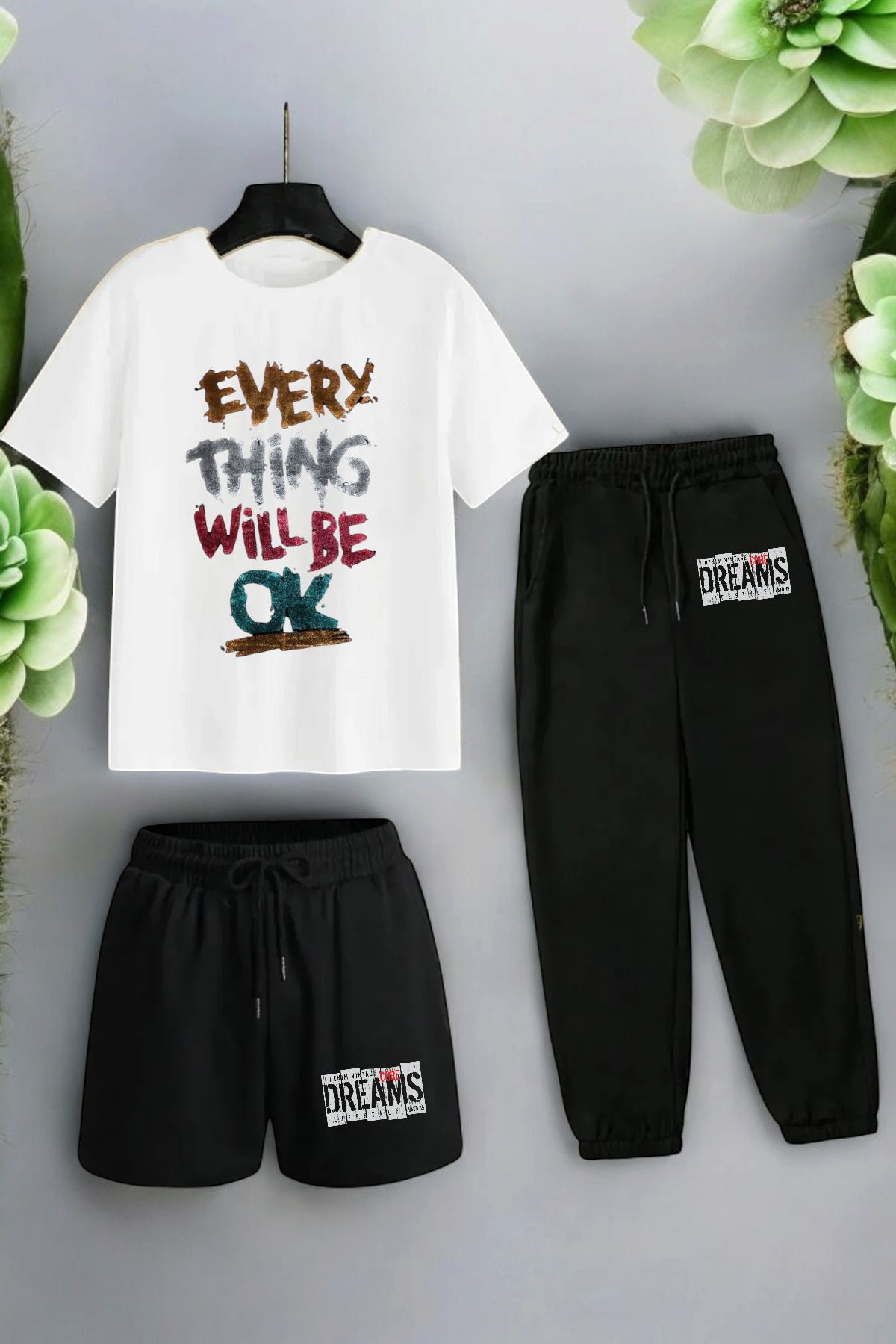 ELNOYA Unisex Siyah Oversize "EVERY THING WiL-BE OK" Baskılı Rahat Günlük T-shirt-Eşofman