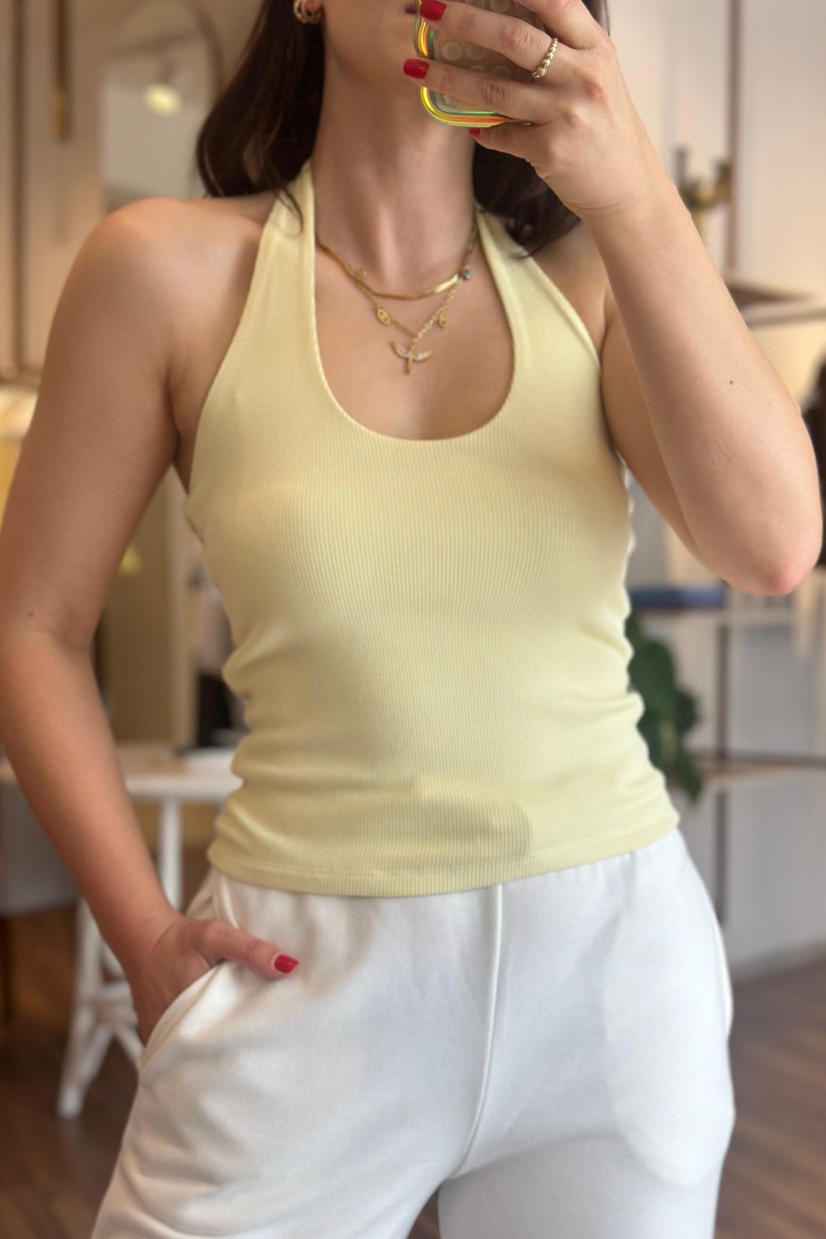 Unique Boutique Sarı Kalın Askılı Likralı Basıc