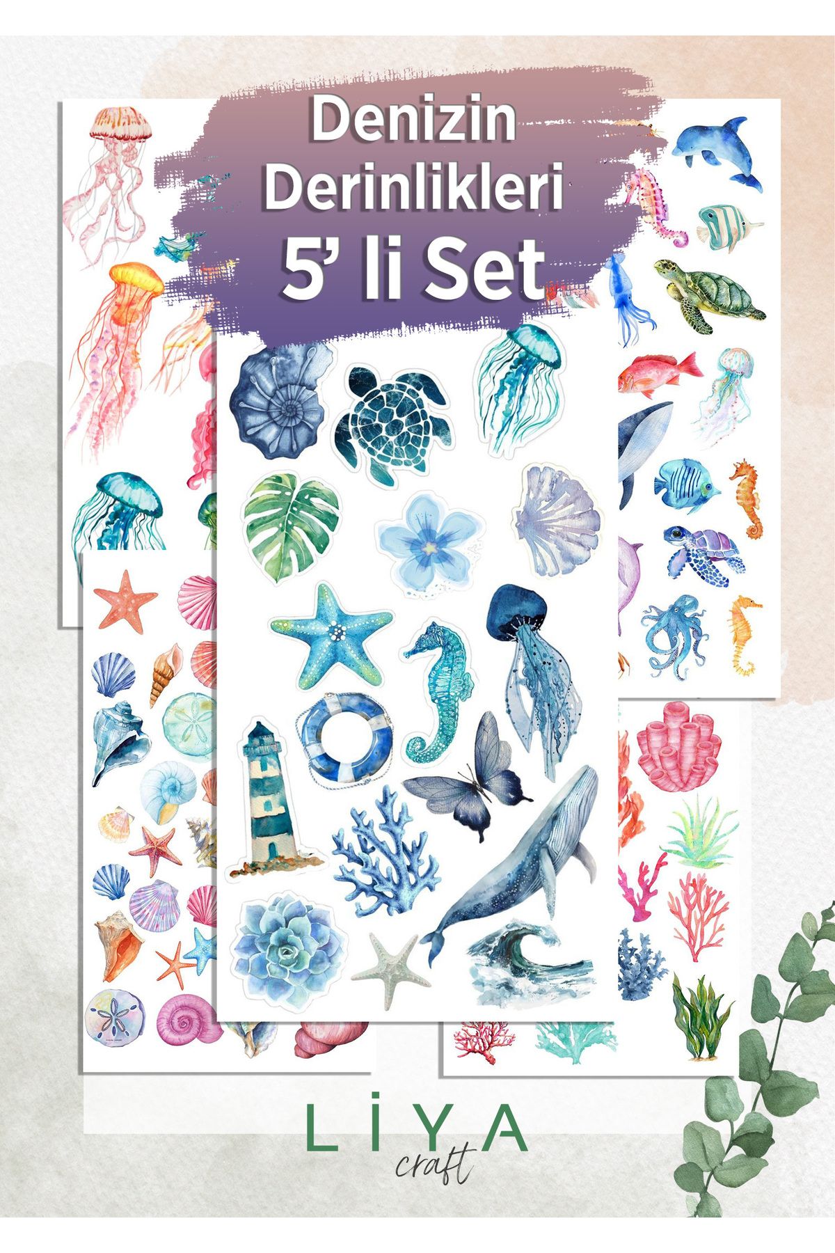 LiyaCraft 5'Li Denizin Derinilkleri Sticker Set Planner Ajanda Bullet Journal Için Uygun Set