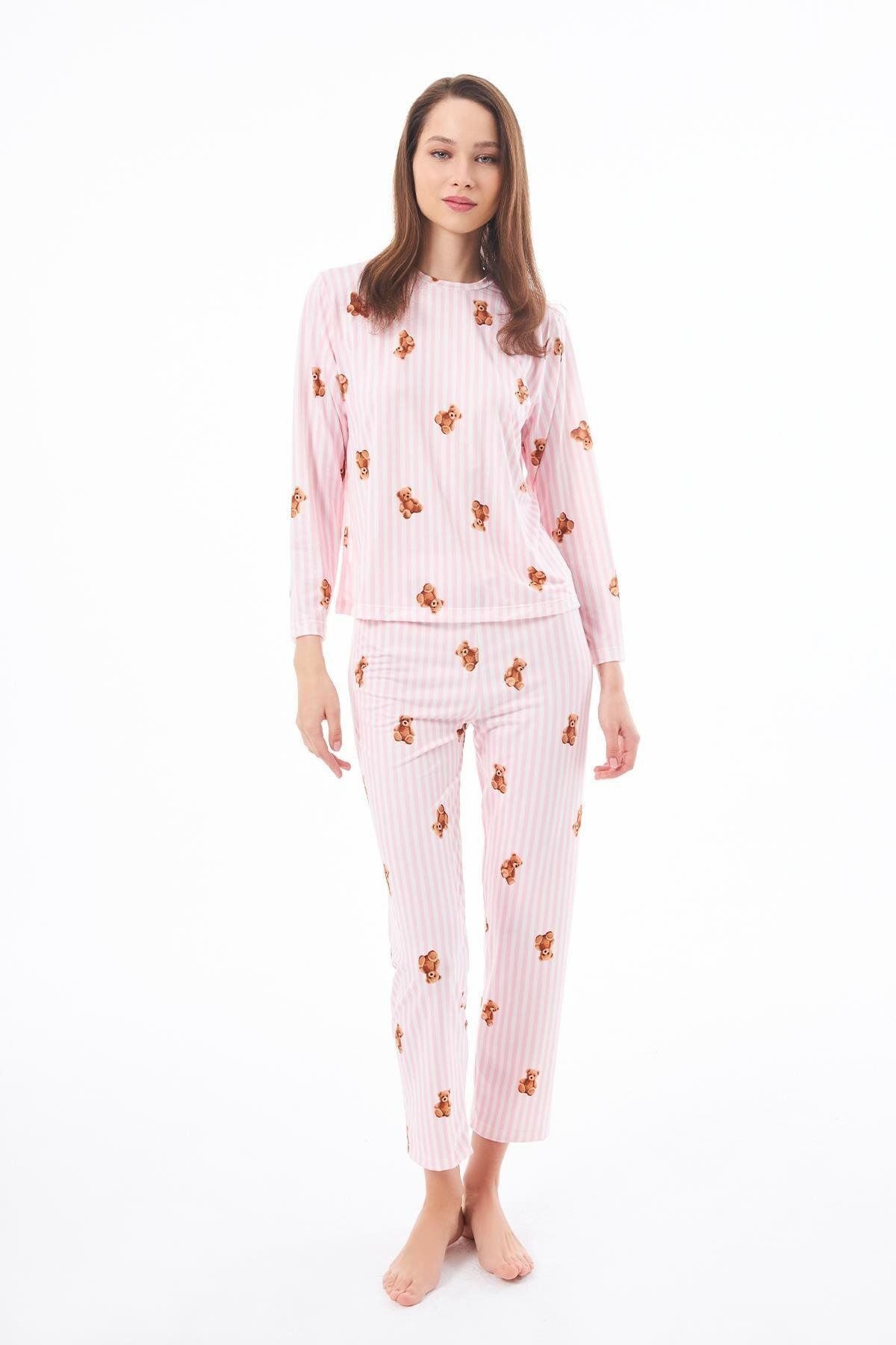 Cottonhill Premium Yazlık Kadın Pijama Takımı Krem Ayıcık Desenli Yumuşak Dokulu Bisiklet Yaka Uzun Kollu