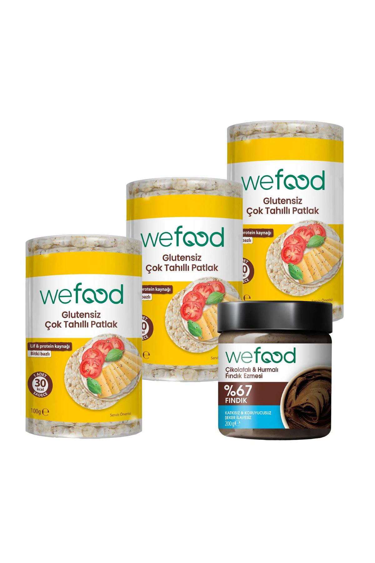 Wefood Çikolatalı Hurmalı Fındık Ezmesi 200 gr + Wefood Glutensiz Çok Tahıllı Patlak 100 gr 3'lü