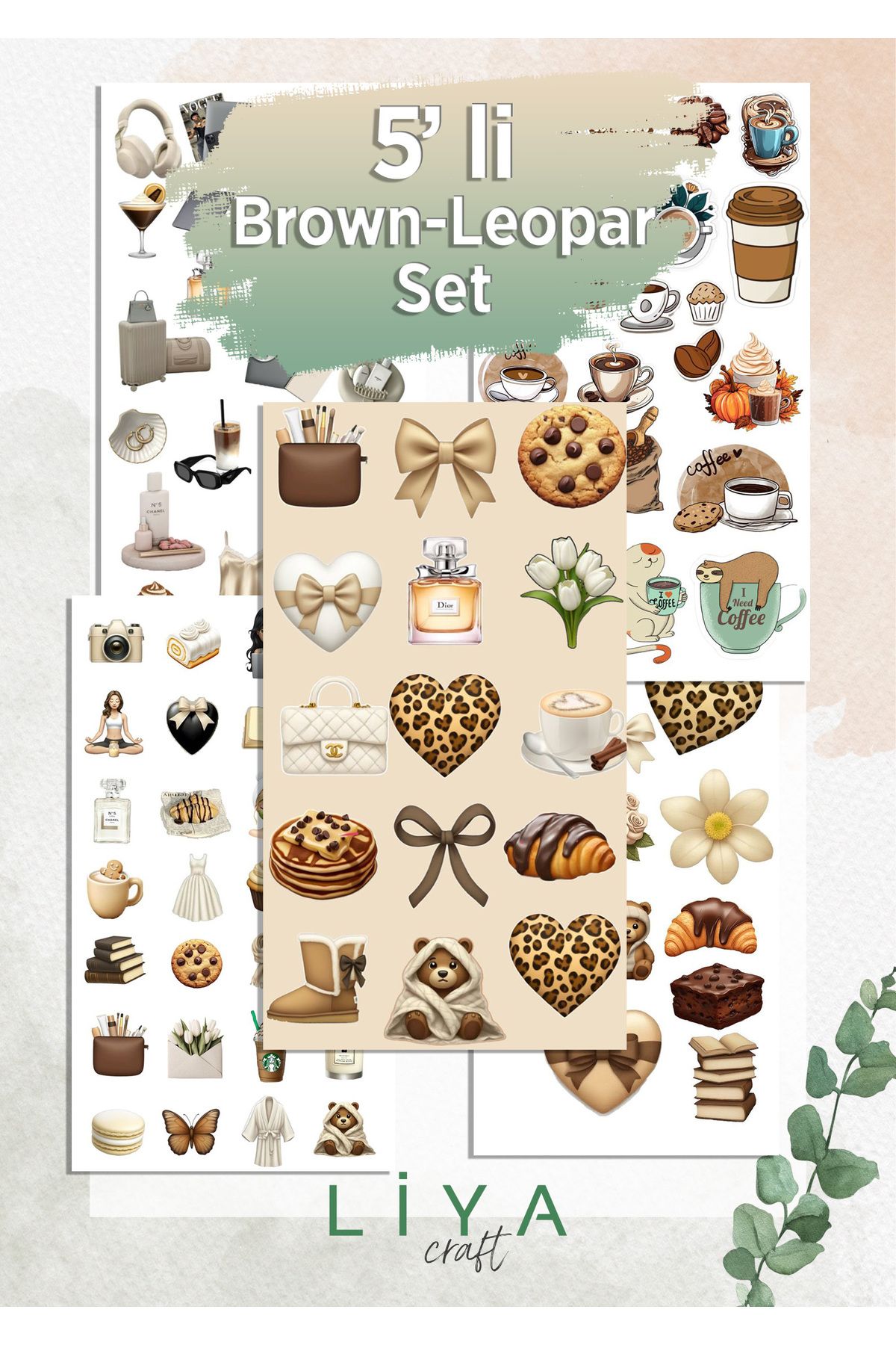 LiyaCraft 5'Li Brown-Kahverengi-Leopar Sticker Set Planner Ajanda Bullet Journal Için Uygun Set
