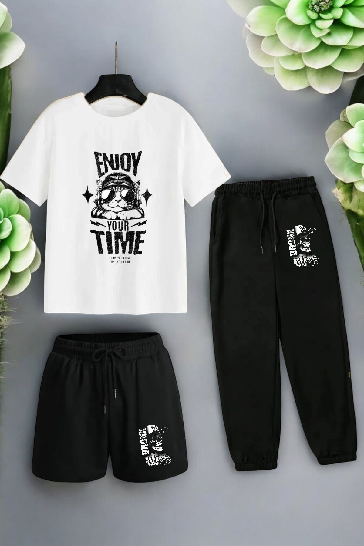 ELNOYA Unisex Siyah Oversize "ENJOY YOUR-TIME" Baskılı Rahat Günlük T-shirt-Eşofman