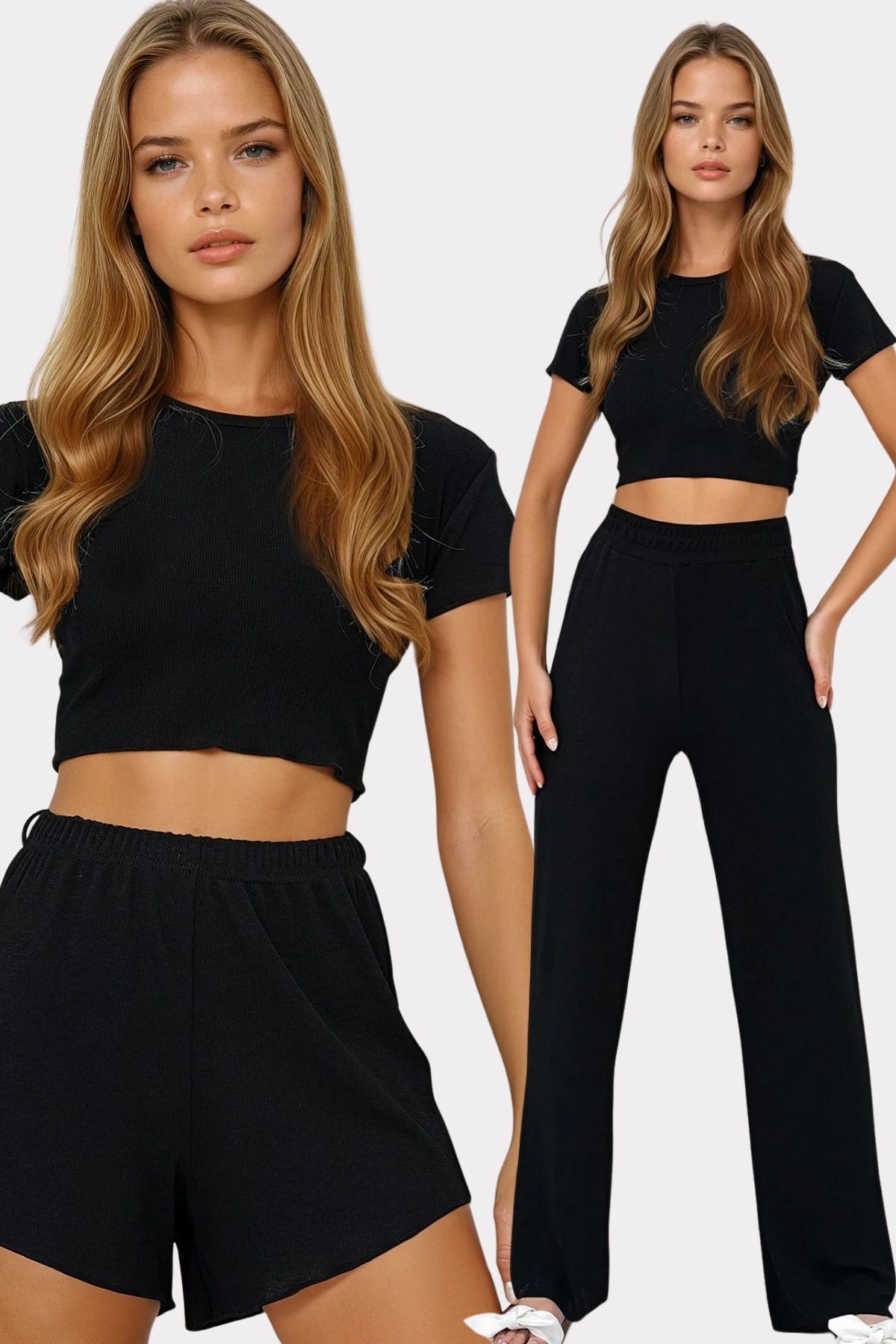 VAGGON Kadın Siyah Bisiklet Yaka Crop Bluz, Şort Ve Pantolonlu 3 Lü Set Pijama Takımı Pjmx13916