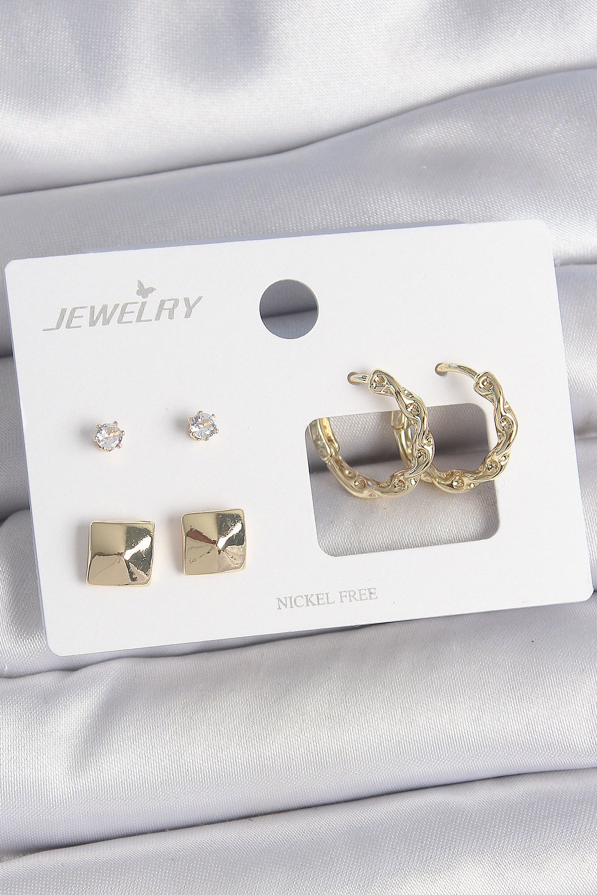 LovelymCo Pirinç Gold Renk Burgu Halka Model Zirkon Taşlı Kare Detay 3 Çift Kadın Küpe Seti - Lisinya