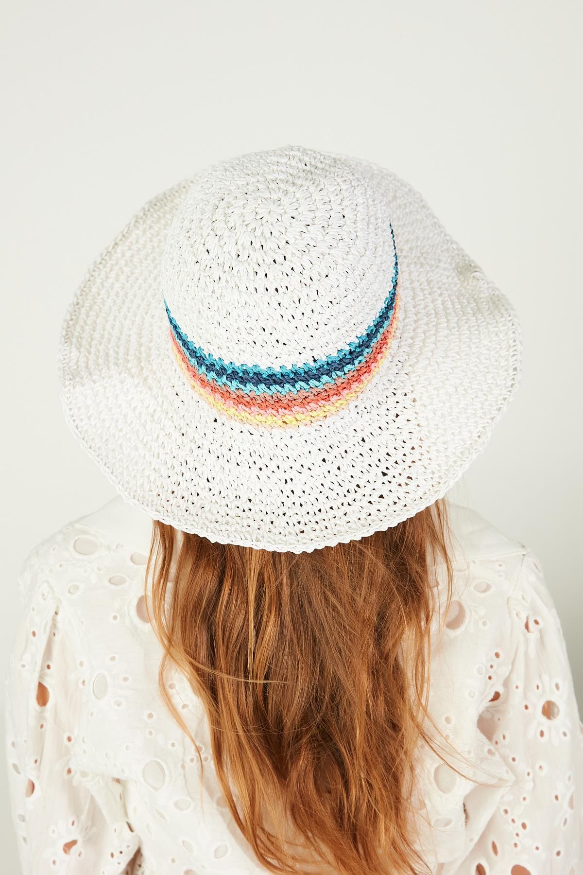 Axesoire-14620 Model White Wide Straw Hat - Braided and Colorful Stripe 3