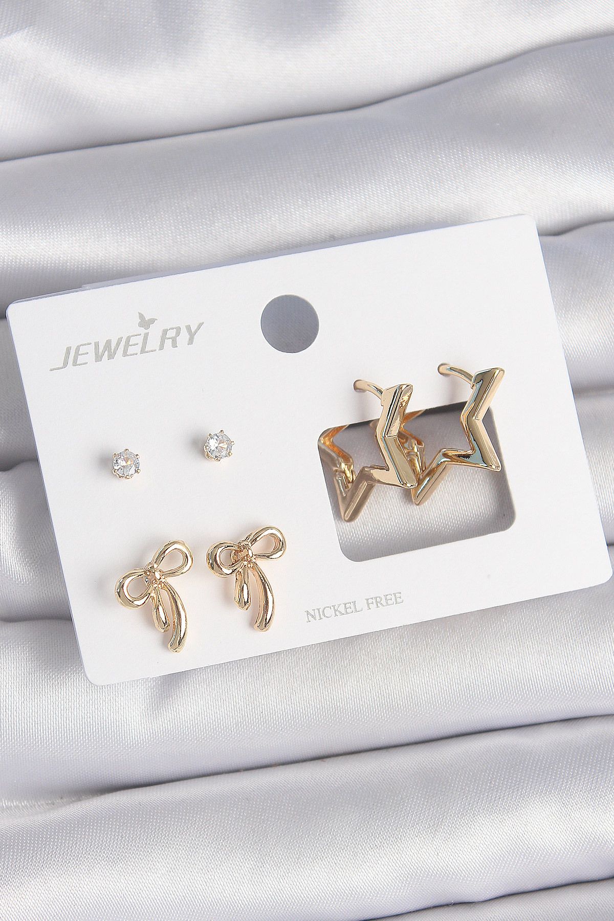 LovelymCo Pirinç Gold Renk Zirkon Taşlı Yıldız Model Fiyonk Detay 3 Çift Kadın Küpe Seti - Lisinya