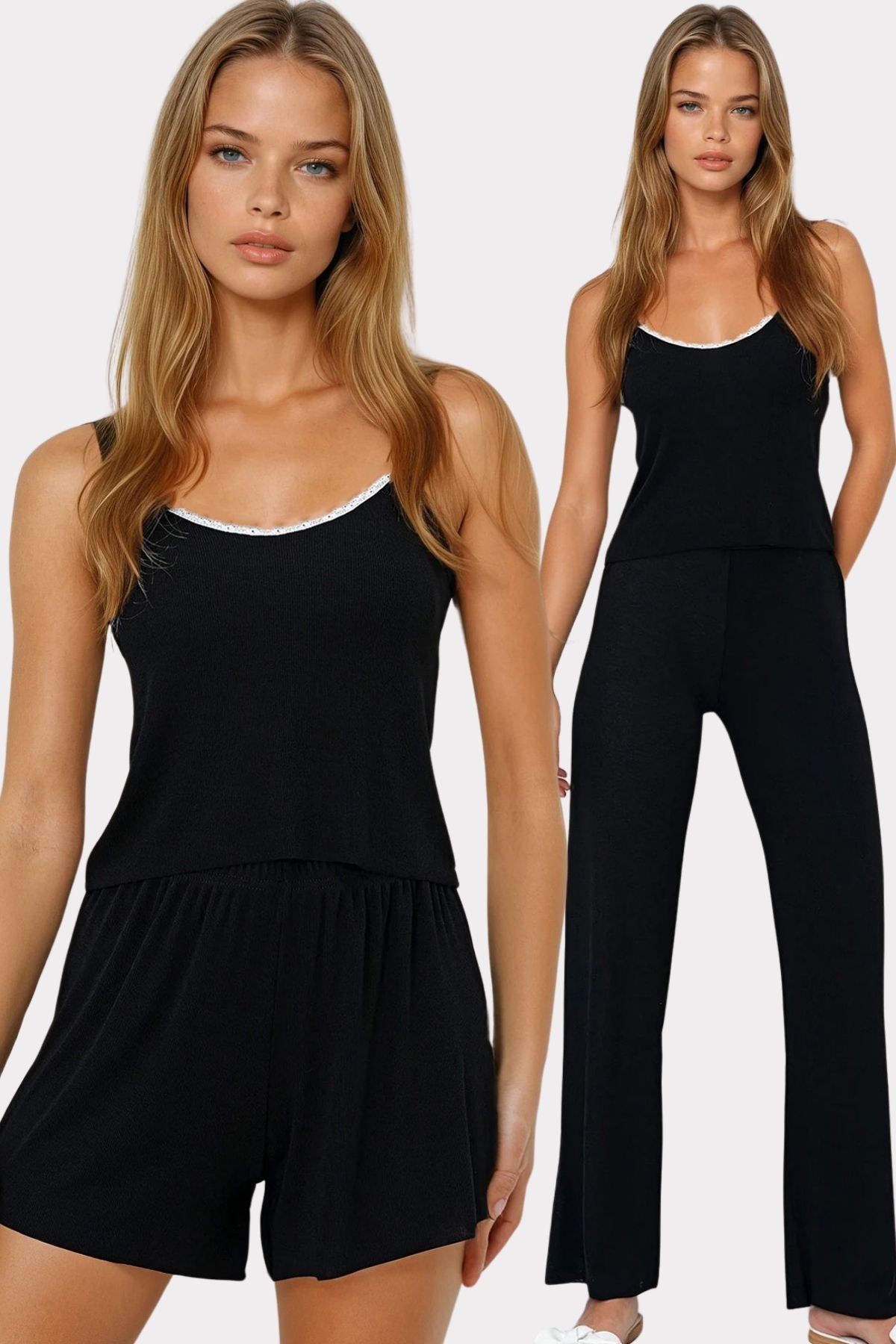 VAGGON Kadın Siyah Ip Askılı Dantel Detaylı Bluz, Şort Ve Pantolonlu 3 Lü Set Pijama Takımı Pjmx13917