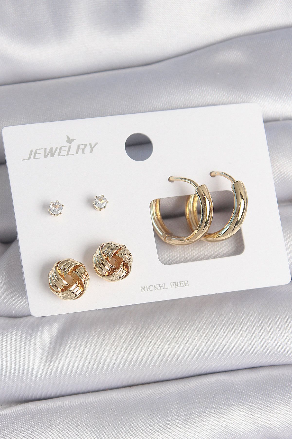 LovelymCo Pirinç Gold Renk Zirkon Taşlı Halka Model Burgu Detay 3 Çift Kadın Küpe Seti - Lisinya