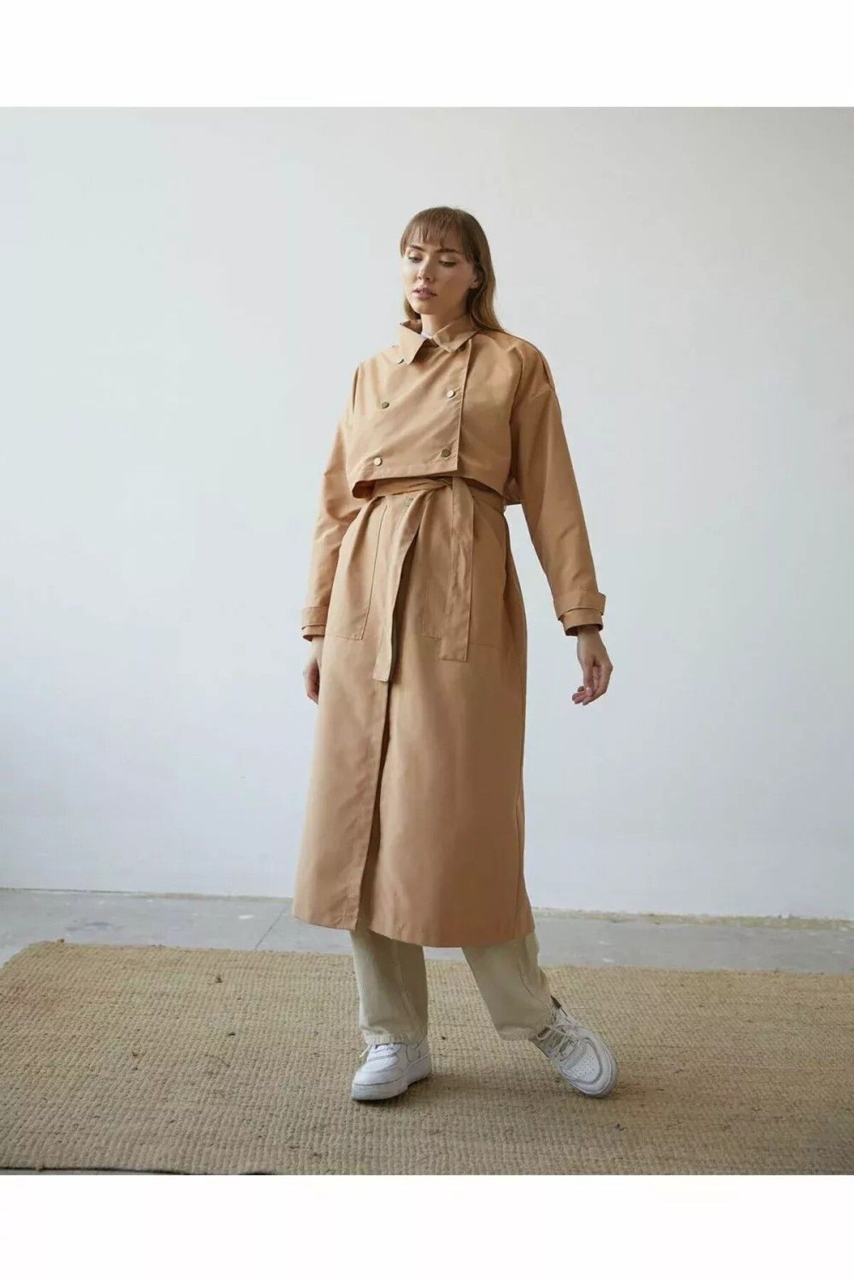FERHEL Crop Yelek Detaylı Kruvaze Trençkot 1012