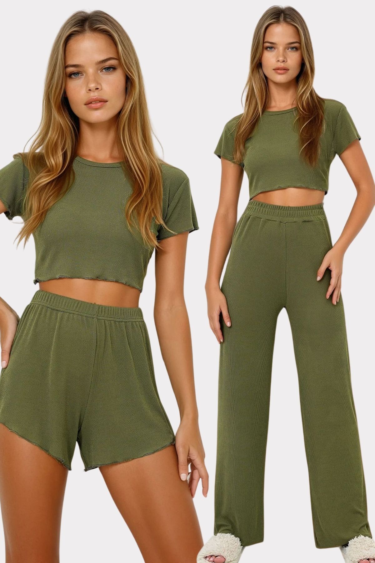 VAGGON Kadın Haki Bisiklet Yaka Crop Bluz, Şort Ve Pantolonlu 3 Lü Set Pijama Takımı Pjmx13916