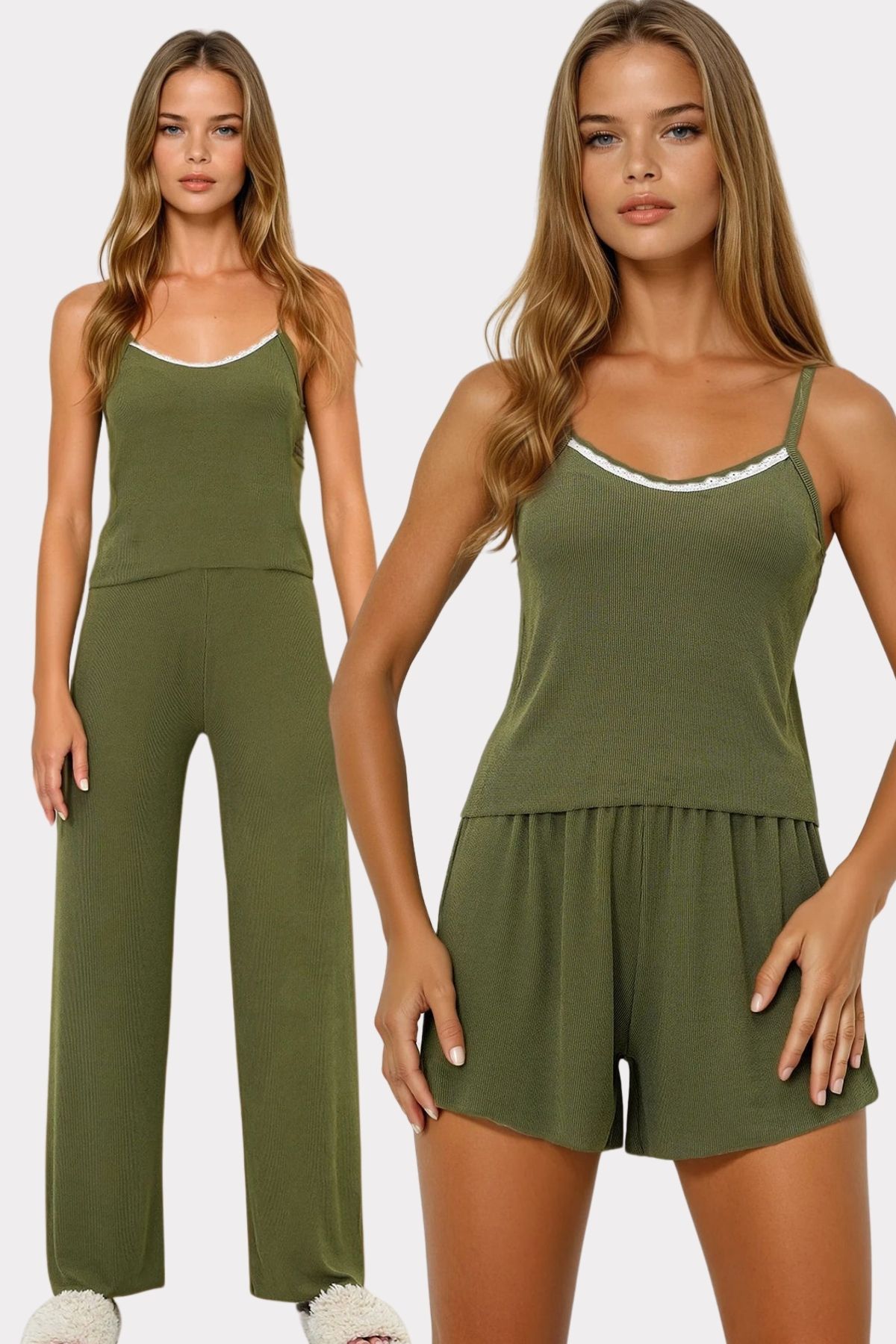 VAGGON Kadın Haki Ip Askılı Dantel Detaylı Bluz, Şort Ve Pantolonlu 3 Lü Set Pijama Takımı Pjmx13917
