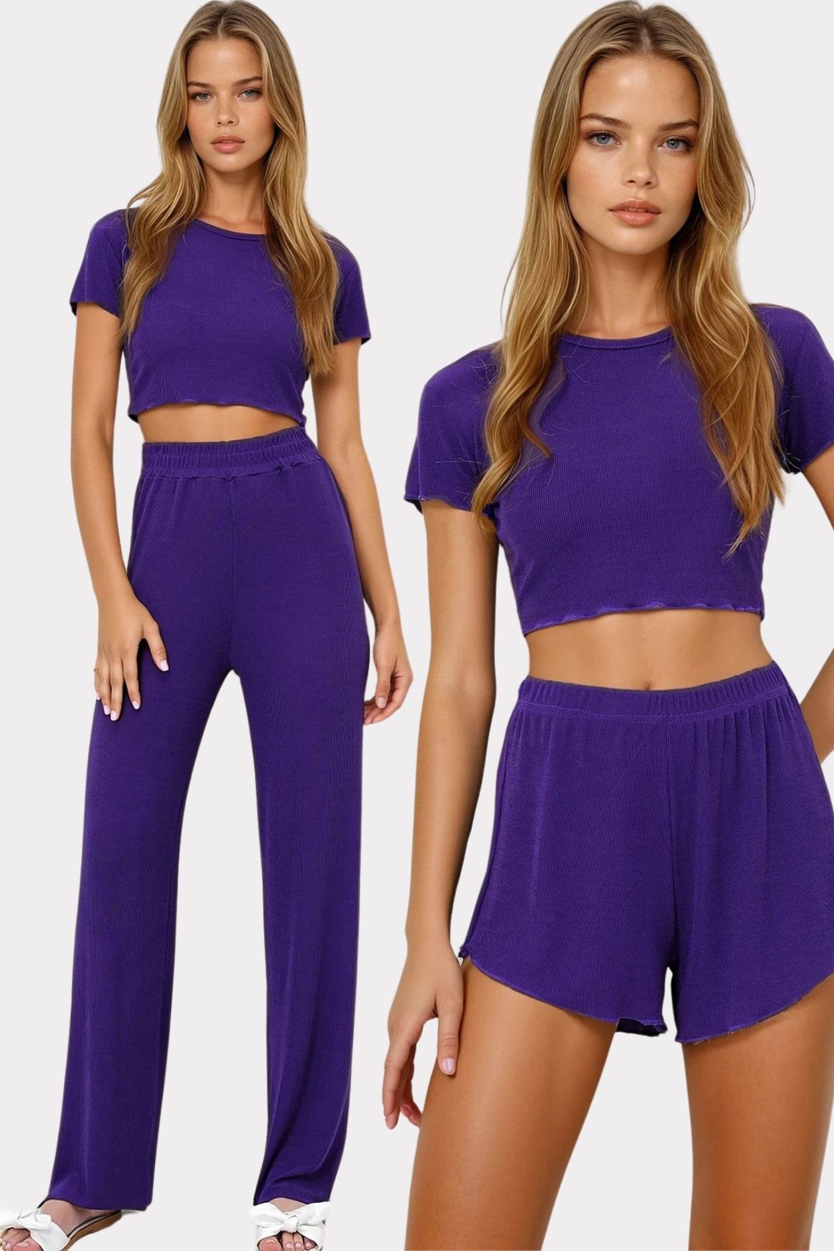 VAGGON Kadın Mor Bisiklet Yaka Crop Bluz, Şort Ve Pantolonlu 3 Lü Set Pijama Takımı Pjmx13916