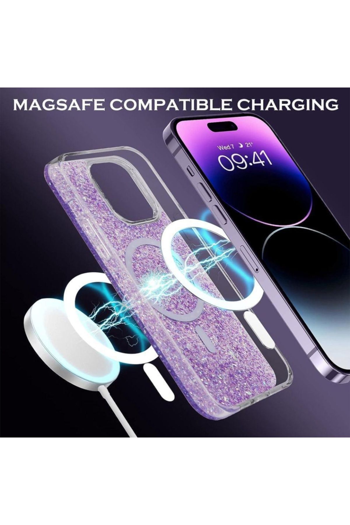 SKYDDAR INNOVATION-Carcasă pentru iPhone 15 Plus, SparkleCase, Carcasă din silicon cu sclipici, Protecție completă, Violet, Set autocolante 3