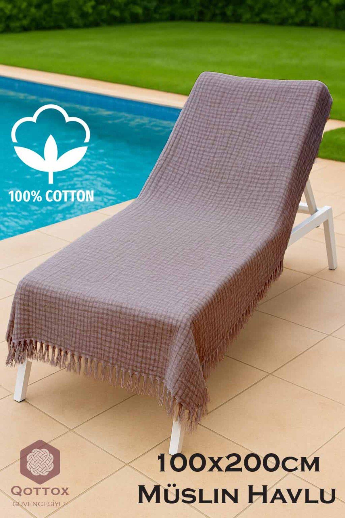 Qottox Şezlong Havlusu, Plaj Havlusu, 100x200 Müslin Plaj Havlusu, %100 Pamuklu Plaj Havlusu, 4Katlı Müslin