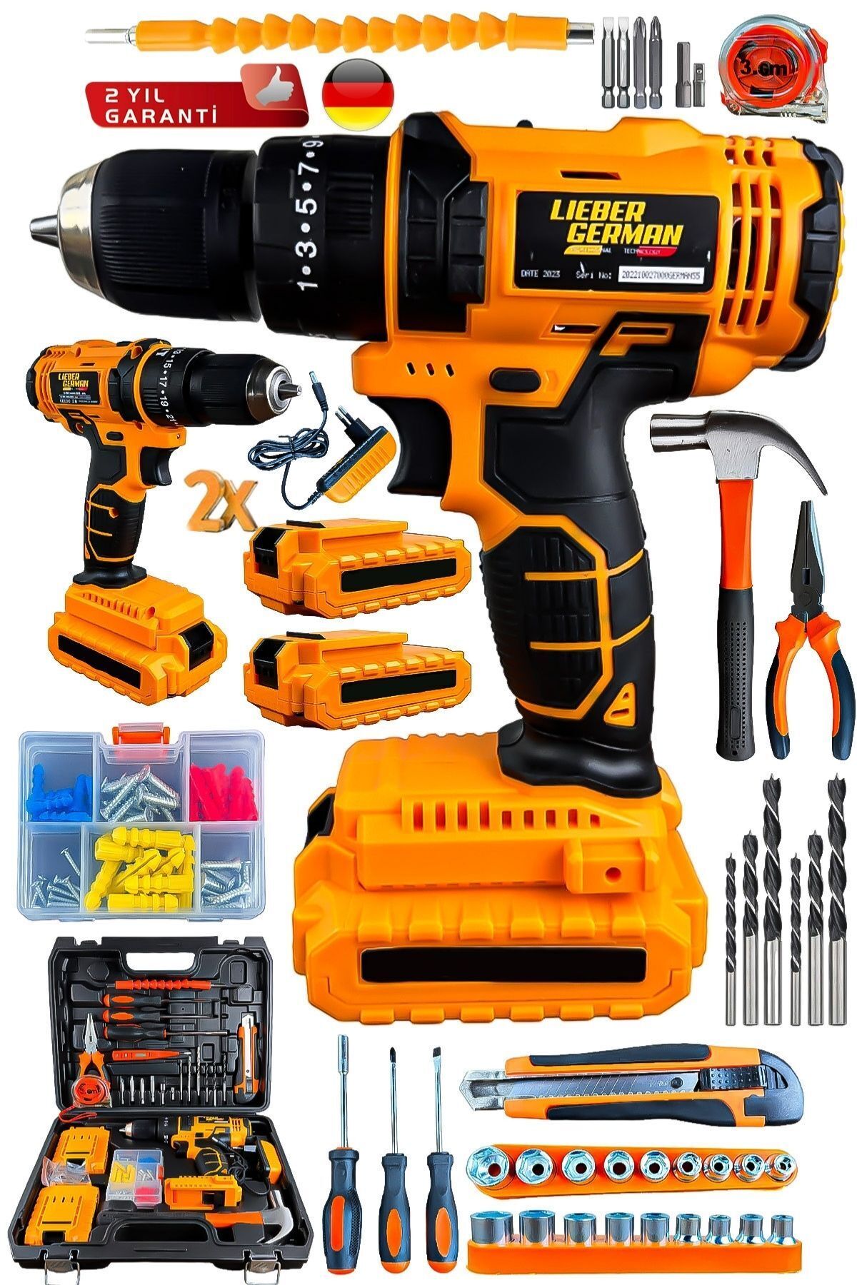 Lieber German Teknoloji LG999 Darbeli 100 Pcs Set Li-on 2x Akülü Çelik Şanzuman Hızlı Sarjlı Akülü Vidalama Matkap