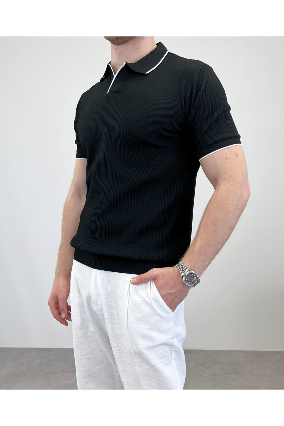 RIESGO ÖRME POLO YAKA ŞERİTLİ T-SHIRT