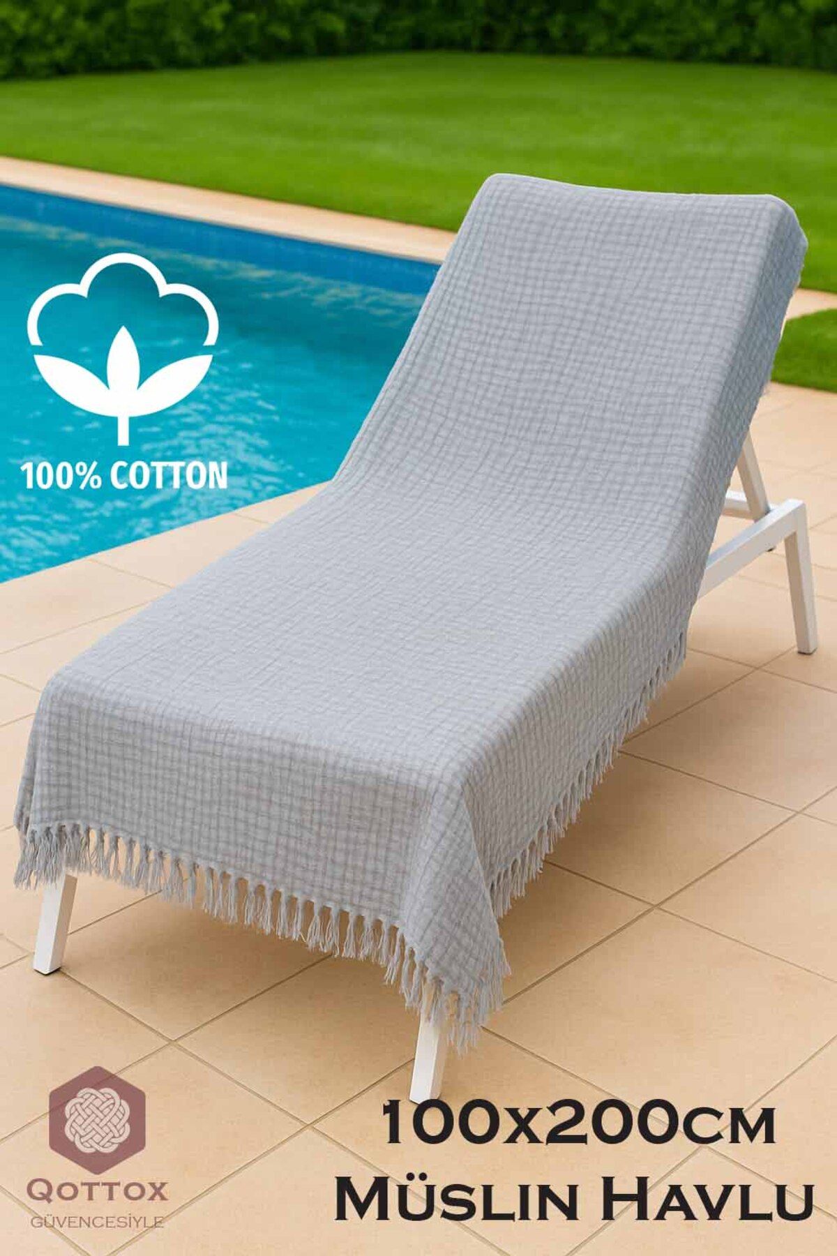 Qottox Şezlong Havlusu, Plaj Havlusu, 100x200 Müslin Plaj Havlusu, %100 Pamuklu Plaj Havlusu, 4Katlı Müslin