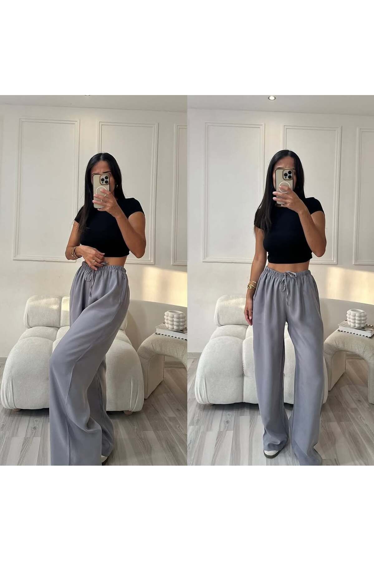 lenai online shop İnce Kumaş Bol Paça İnce Pantolon Bağcıklı Kadın