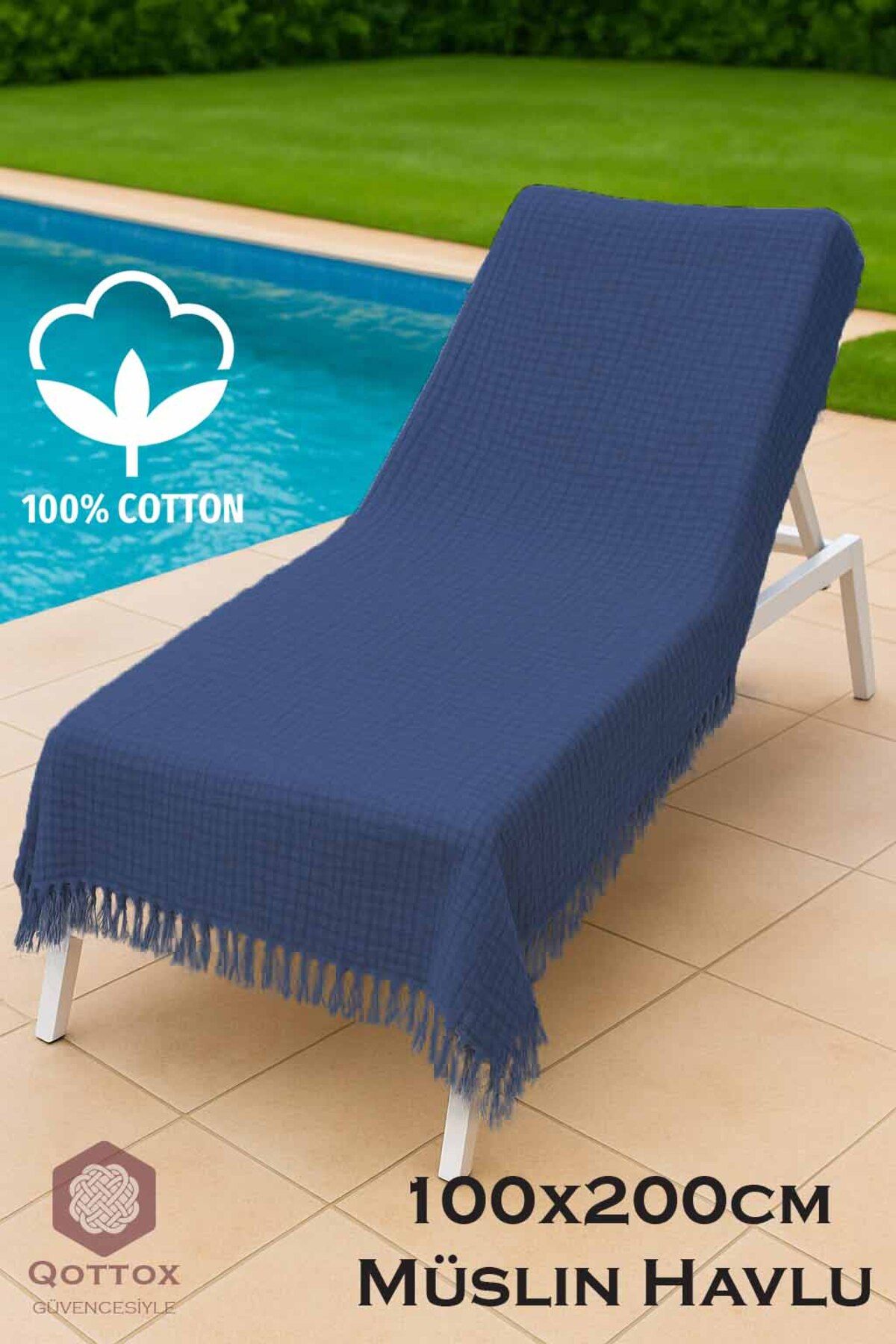 Qottox Şezlong Havlusu, Plaj Havlusu, 100x200 Müslin Plaj Havlusu, %100 Pamuklu Plaj Havlusu, 4Katlı Müslin