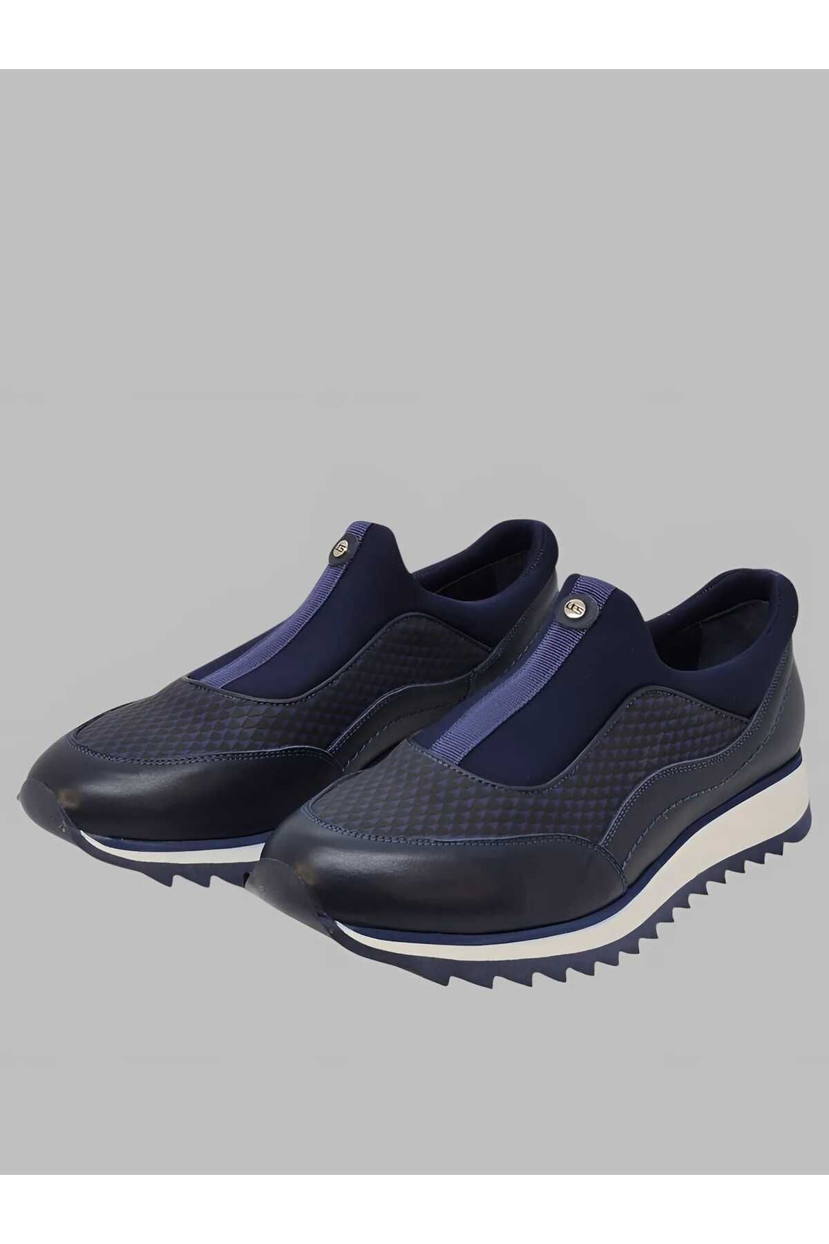Luglio Shoes Hakiki Lacivert Baskılı Deri Lacivert Tekstil Lastikli Erkek Sneaker