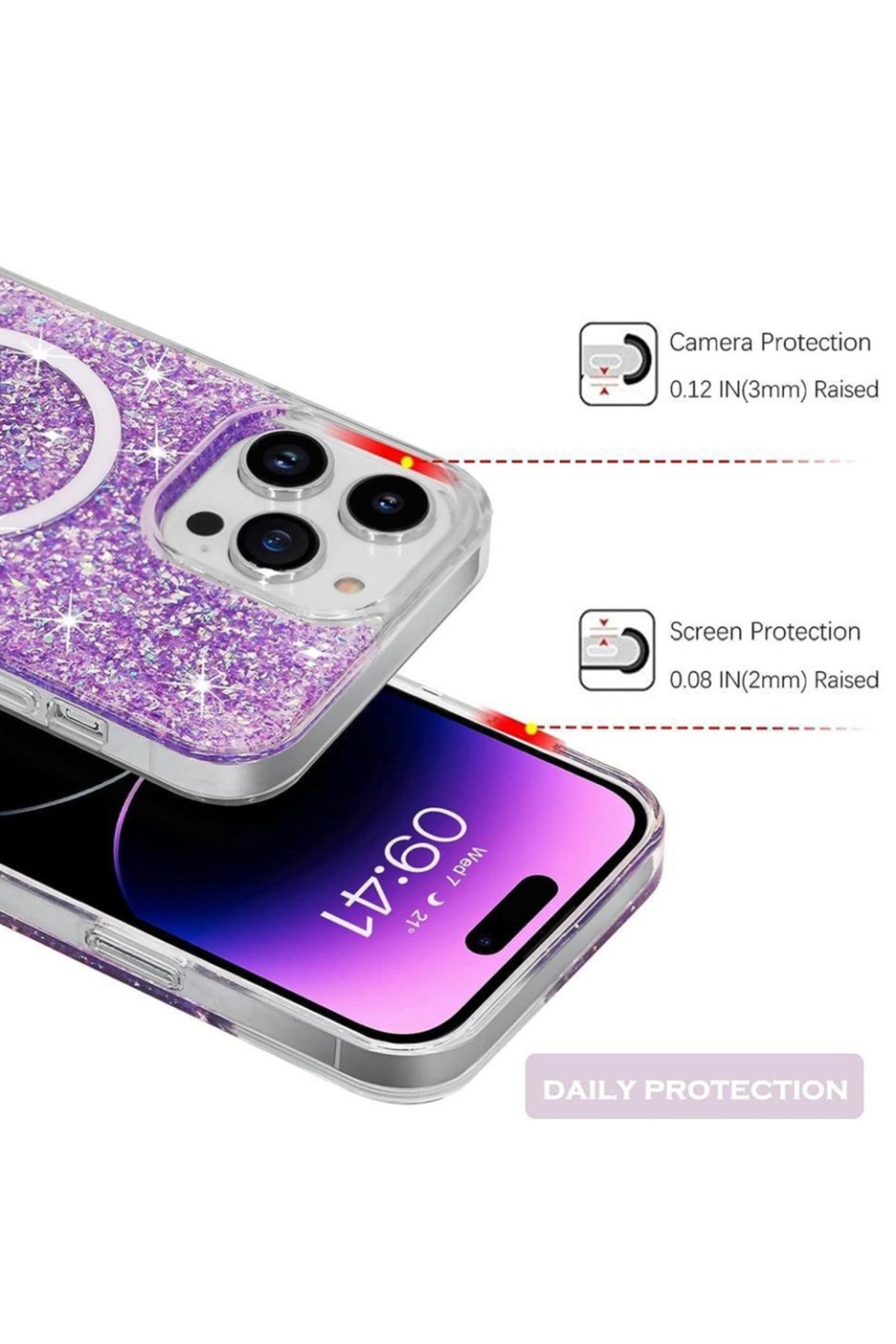SKYDDAR INNOVATION-Carcasă pentru iPhone 15 Plus, SparkleCase, Carcasă din silicon cu sclipici, Protecție completă, Violet, Set autocolante 2
