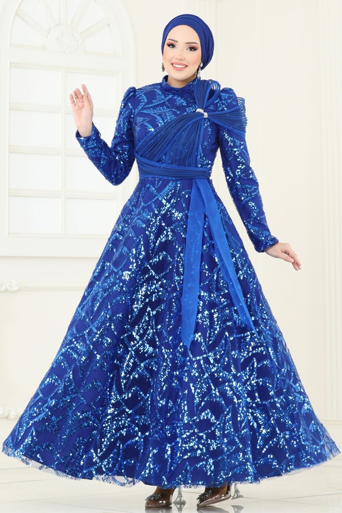 Modaselvim SUAL Taş Detay Abiye 5099D170 Saks
