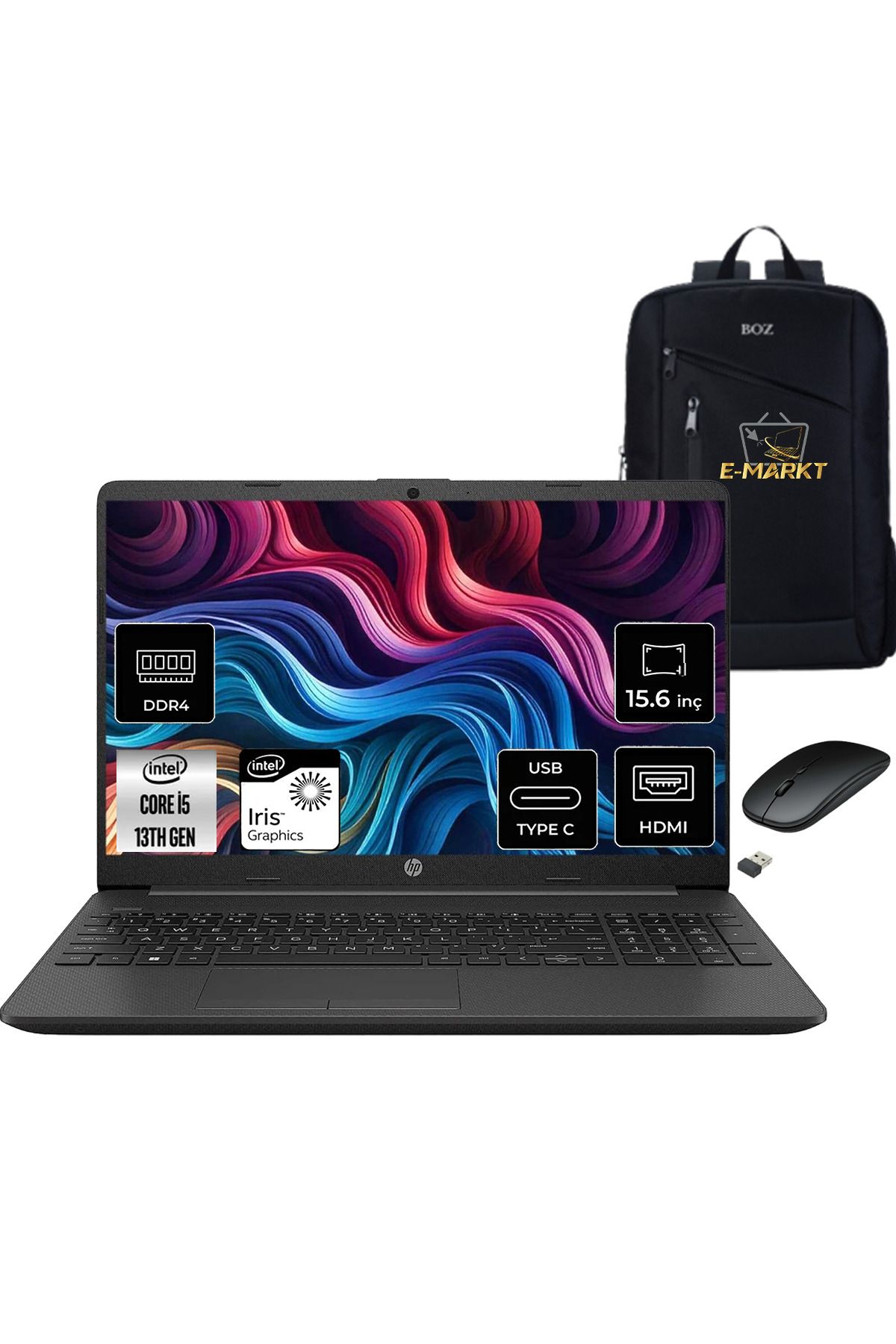 HP 250 G10 i5-1334U 8GB RAM 256GB SSD 15.6'' FHD DOS Taşınabilir Notebook + Boz Çanta , Mouse