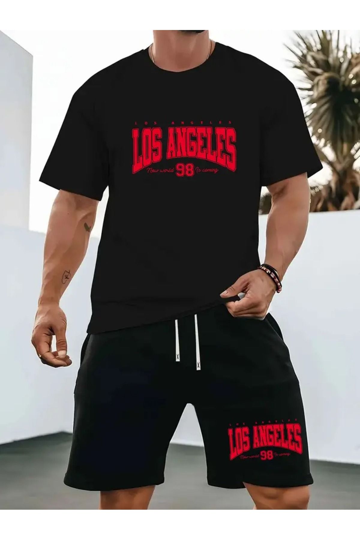 LAND MODA Yeni Yaz Erkekler' için Rahat Spor ve Eğlence Kıyafeti Yuvarlak Yaka T-Shirt Kısa Kollu + Şort, Örgü