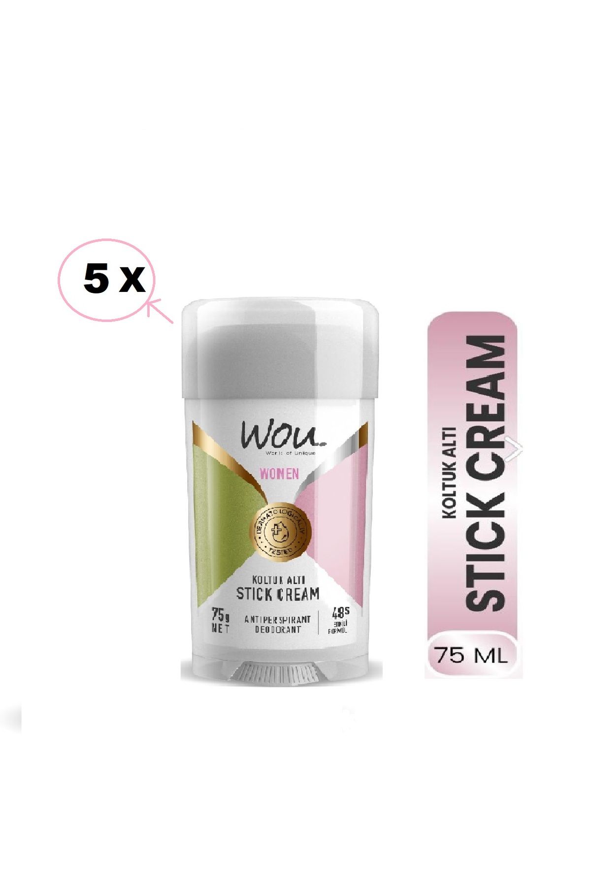 WOU Terleme Önleyici, 48 Saat Etkin Koruma Koltuk Altı Stick Krem 75 ml x 5 Adet