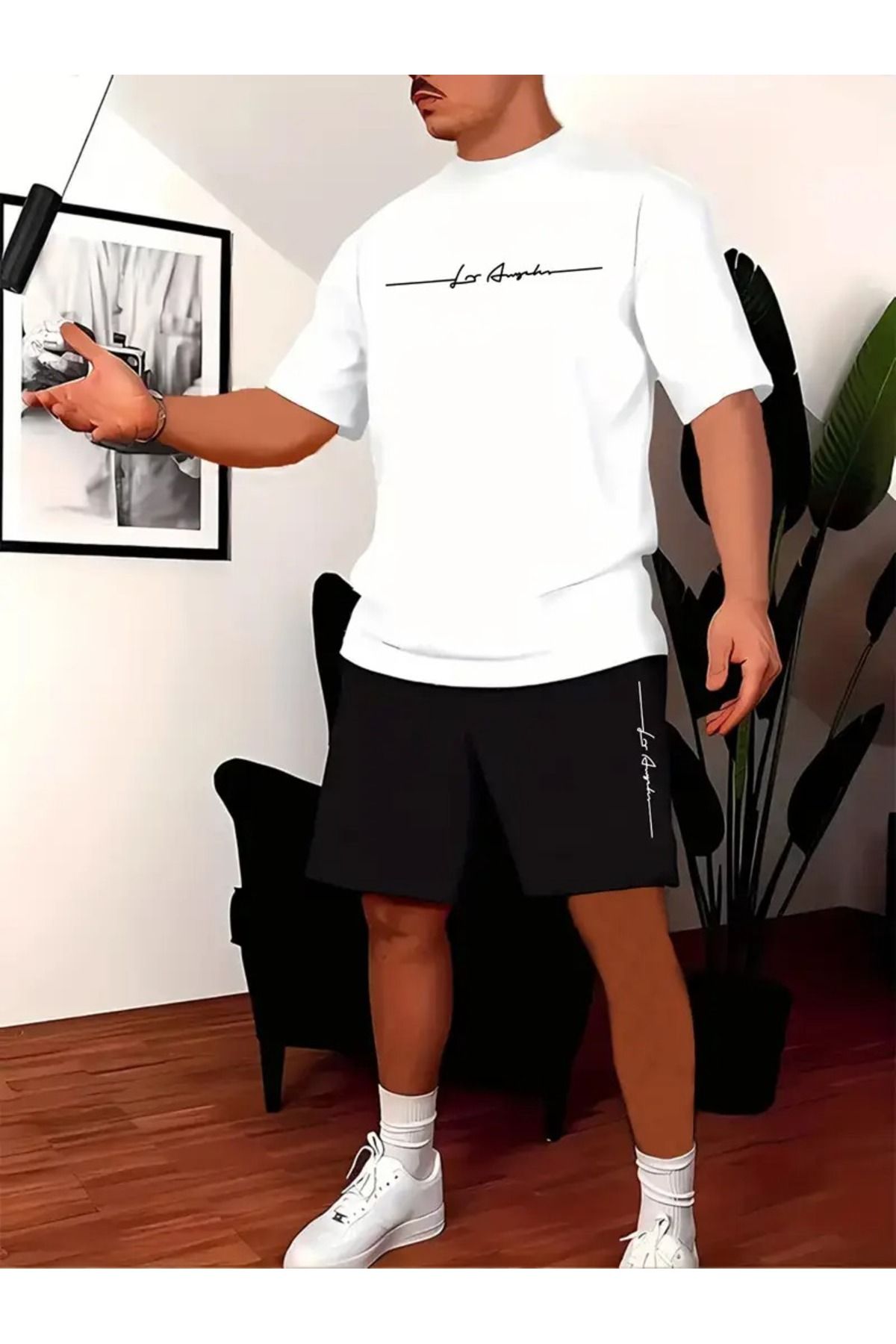 LAND MODA Erkekler için Rahat Yazlık T-Shirt ve Şort Seti - "La Angeles" Baskılı Beyaz Tee,
