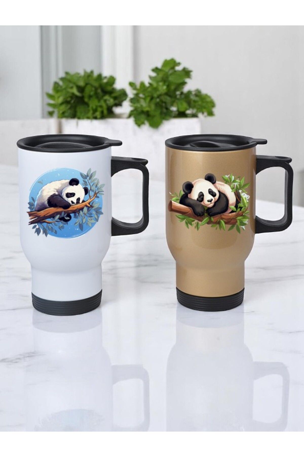 lili hediyelik Panda Baskılı 2'li Kulplu Çelik Bardak Termos 450 ml