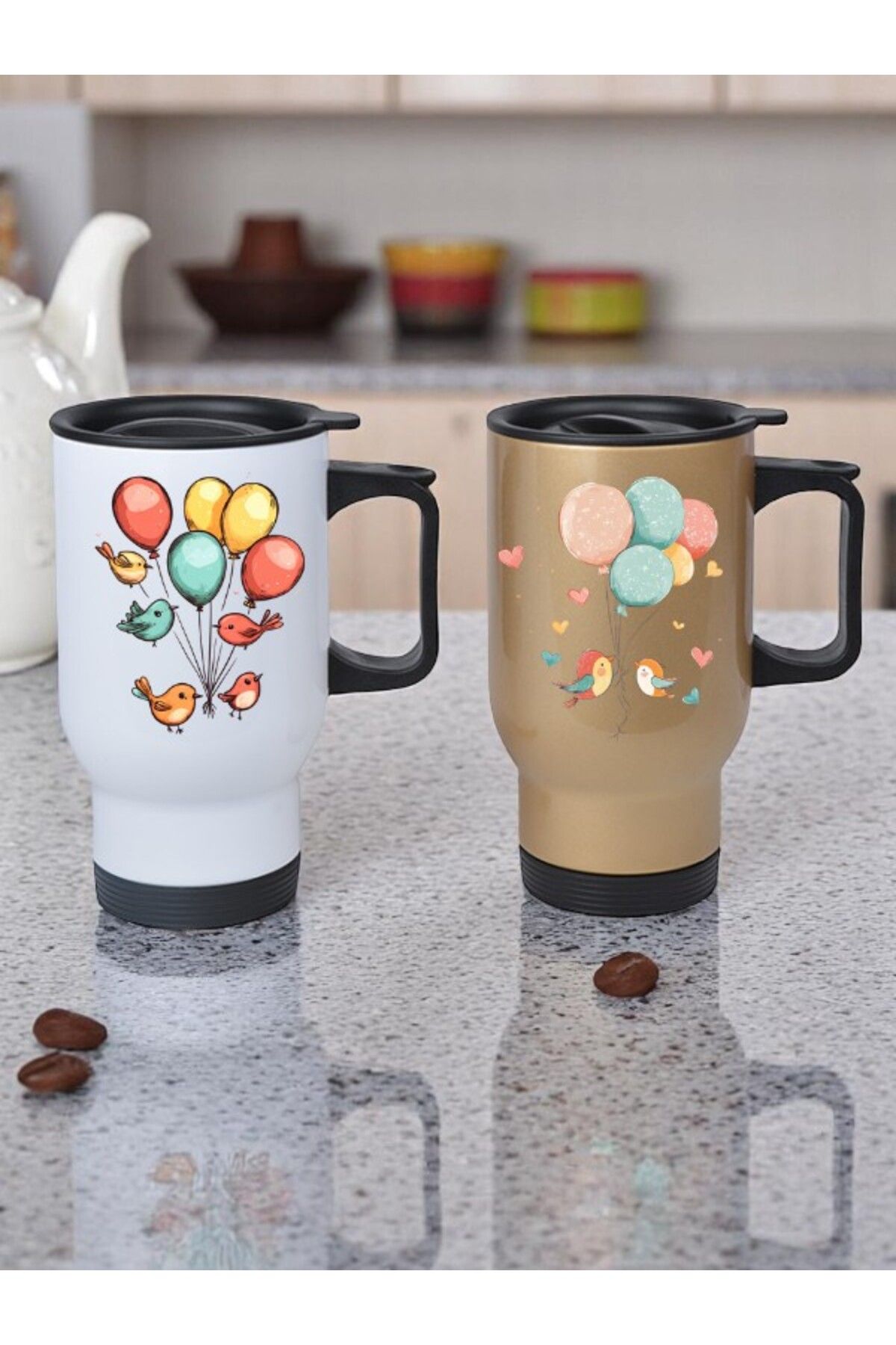 lili hediyelik Kuşlar ve Balonlar Baskılı 2'li Kulplu Çelik Bardak Termos 450 ml