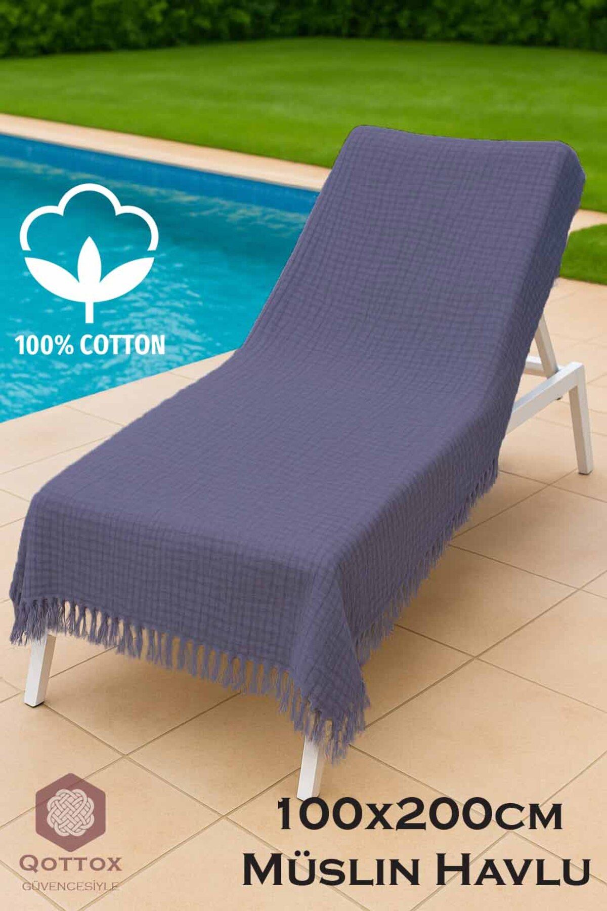 Qottox Şezlong Havlusu, Plaj Havlusu, 100x200 Müslin Plaj Havlusu, %100 Pamuklu Plaj Havlusu, 4Katlı Müslin